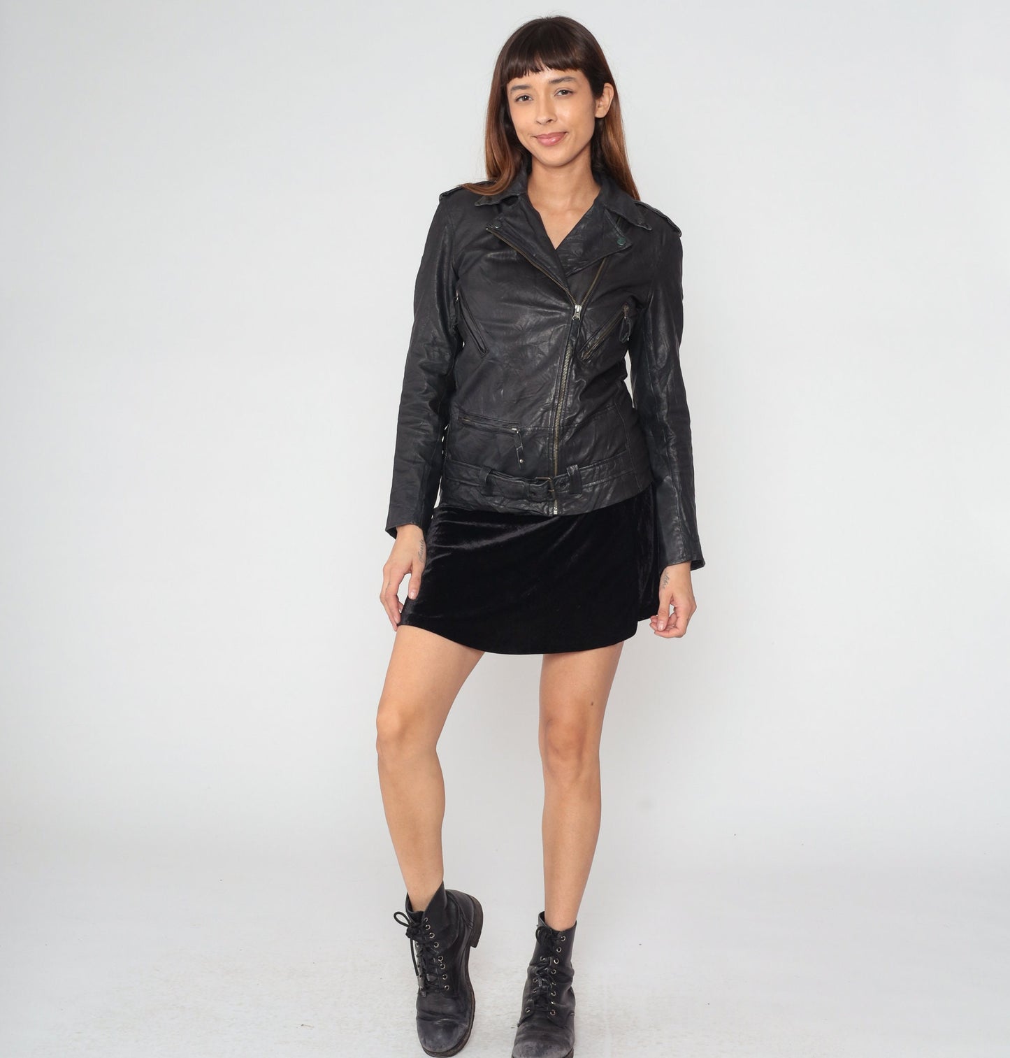 Y2K Sara Bermen Black Leather Moto Jacket Zip Front Small S
