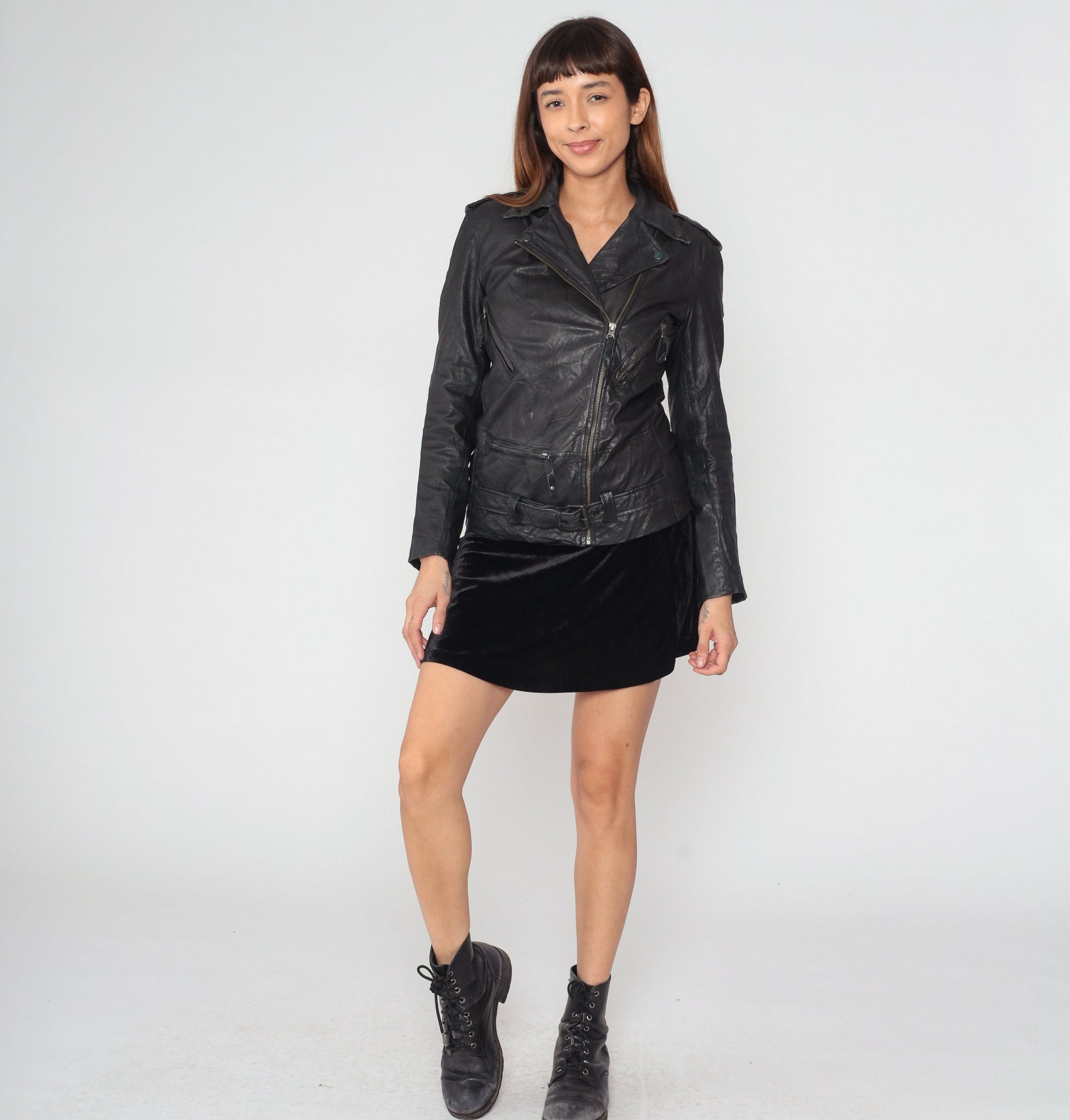 Y2K Sara Bermen Black Leather Moto Jacket Zip Front Small S