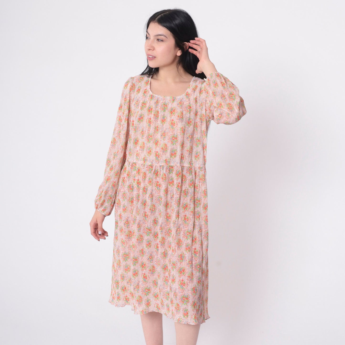 70s Floral Midi Dress High Waist Knife Pleated Puff Sleeve Green Blue Medium