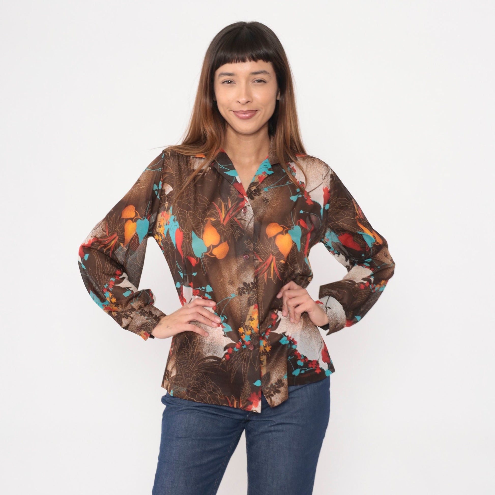 70s Teddi Tropical Leaf Print Button-Up Blouse Brown Long Sleeve Extra Large