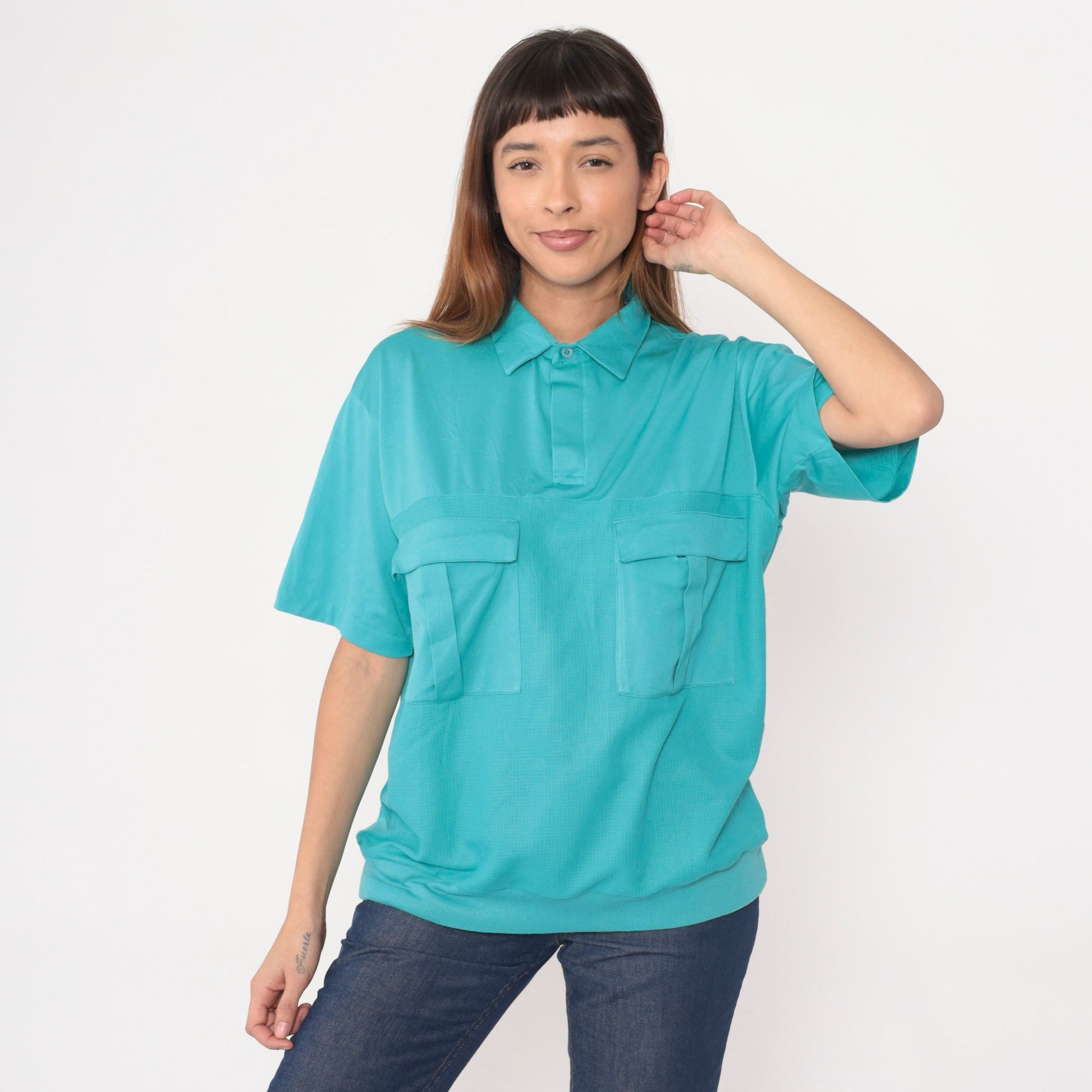 80s Turquoise Polo Shirt Cotton Blend Chest Pocket Banded Hem Extra Large XL