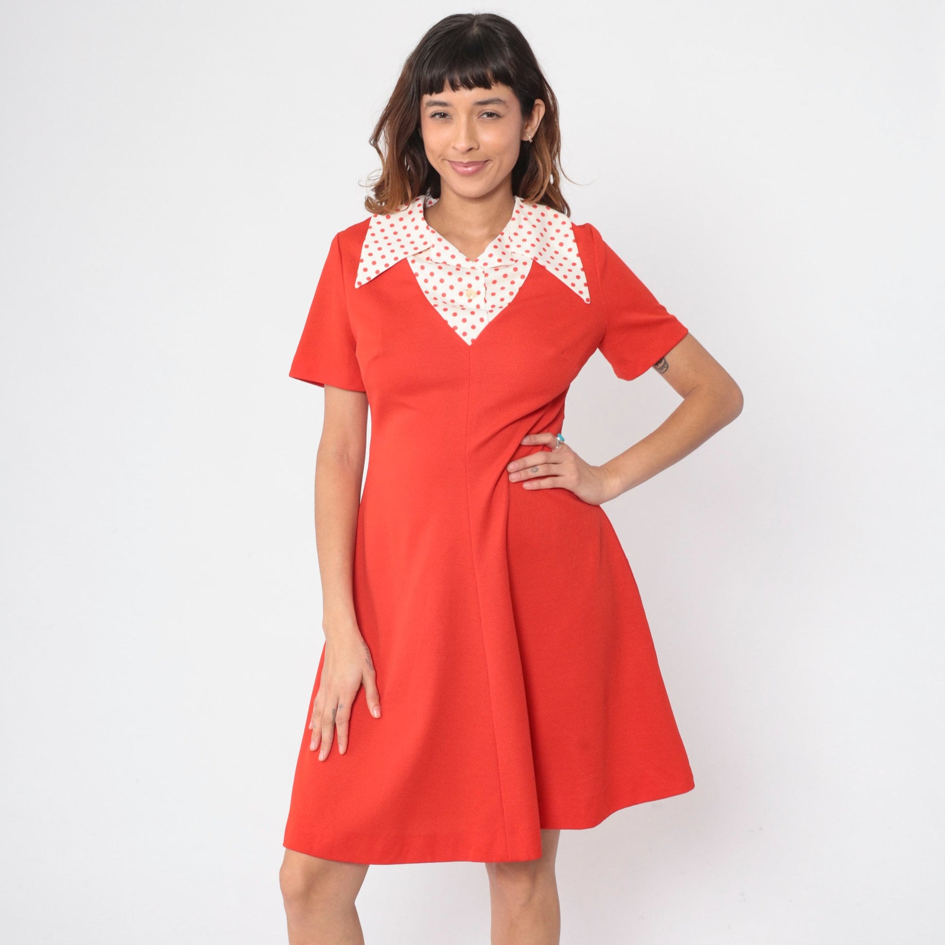 70s Red Shift Dress Polka Dot Collar Mini Short Sleeve Medium 8