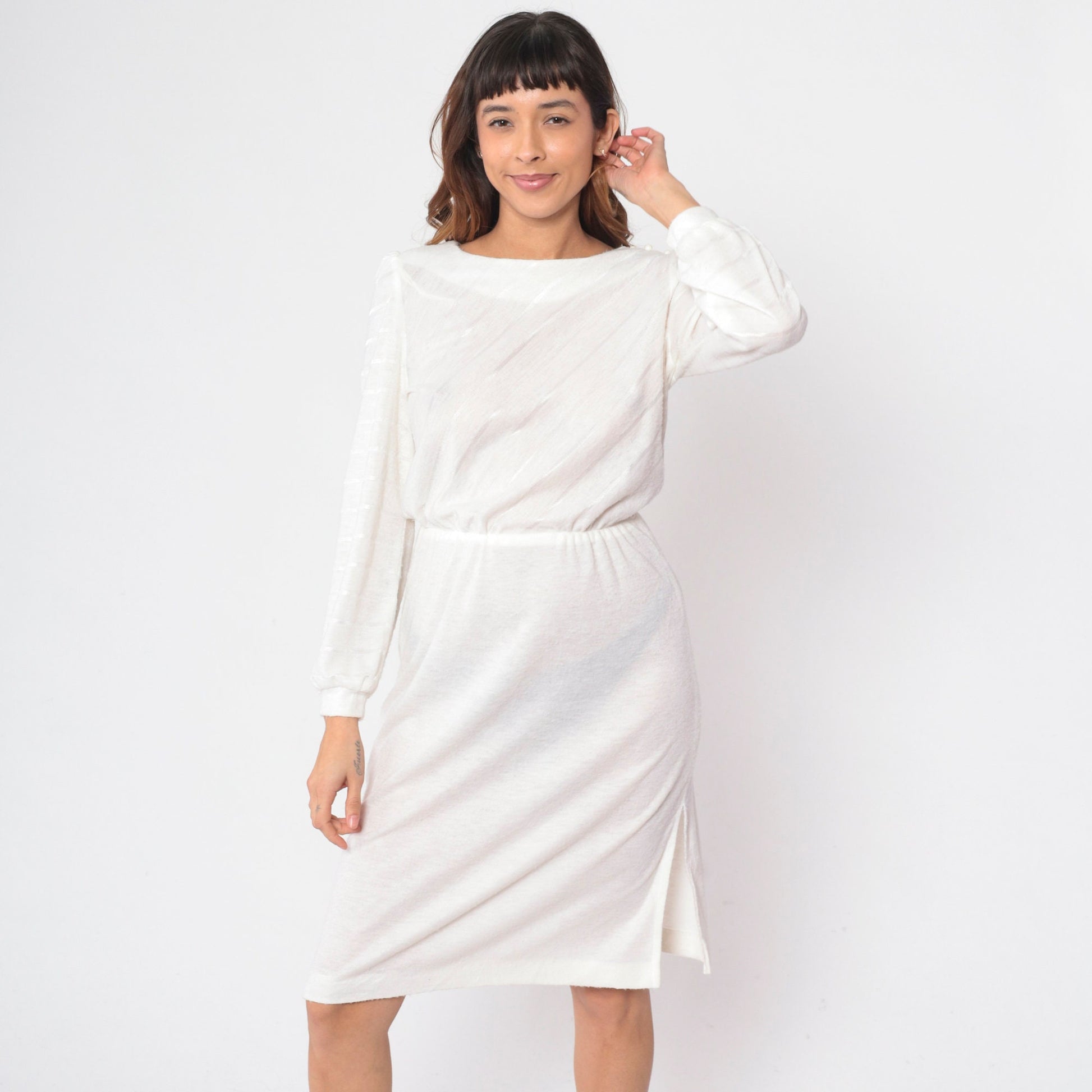 80s White Diagonal Striped Midi Dress Puff Sleeve High Waist Small
