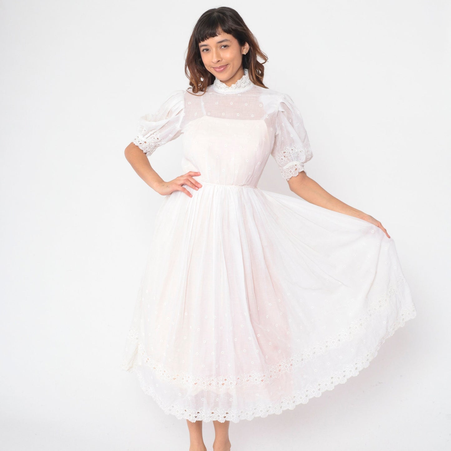 60s White Eyelet Dress Floral Embroidered Puff Sleeve High Waist Midi Small