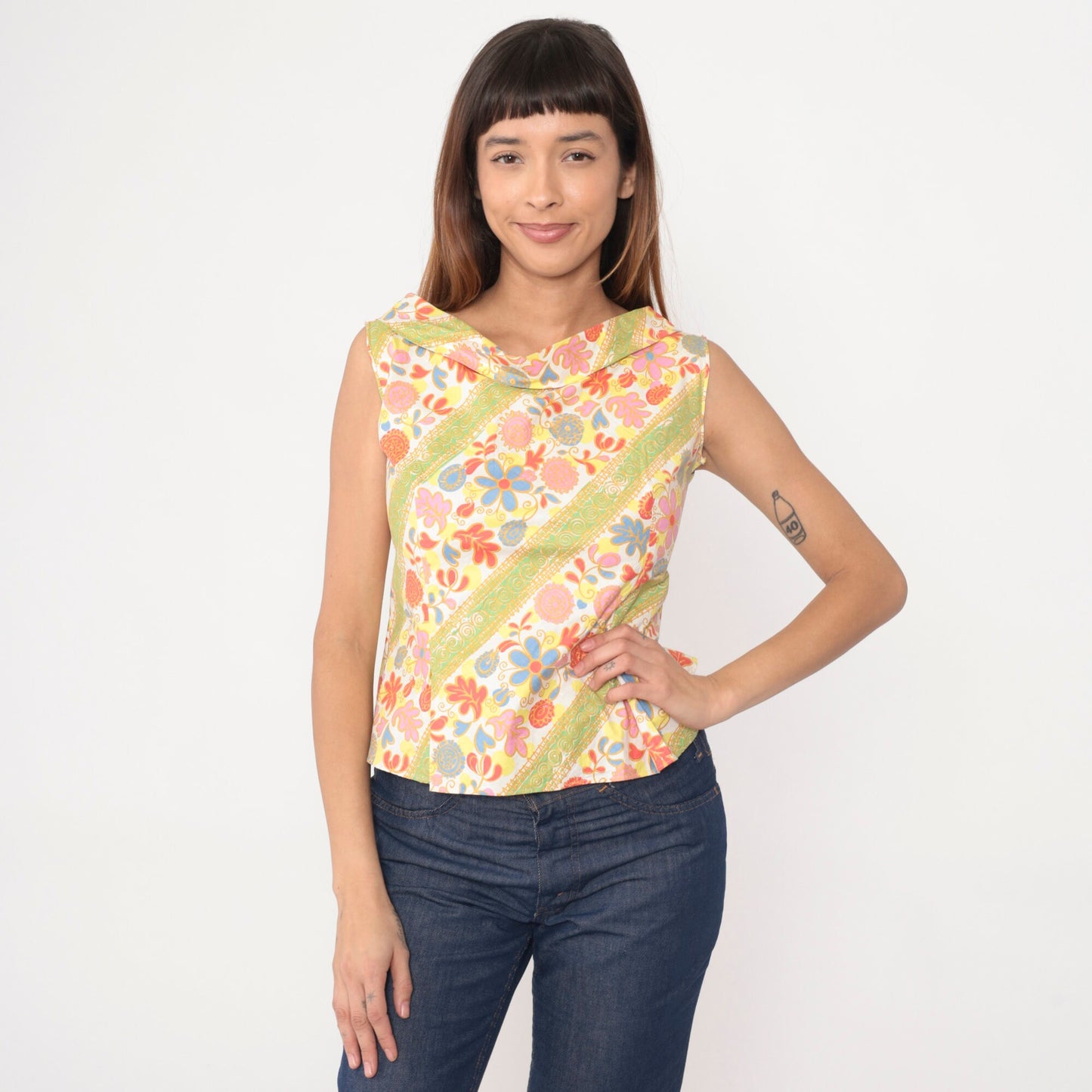 60s Floral Heart Tank Top Button Back Boatneck Cotton Sleeveless Extra Small