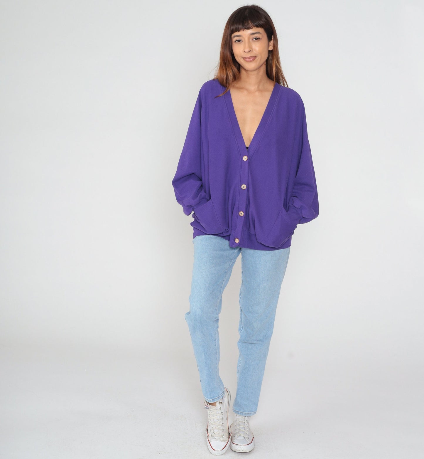 90s Purple Cardigan Sweatshirt Button Up Slouchy Pockets One Size