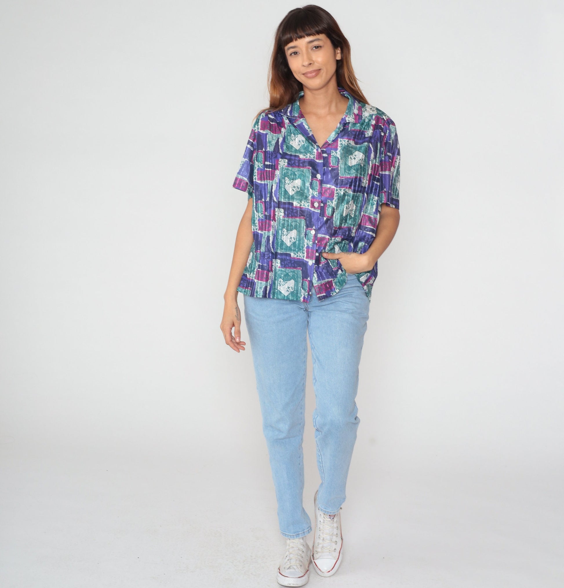 90s Abstract Floral Button-Up Blouse Short Sleeve Purple Pink Blue-Green XXL