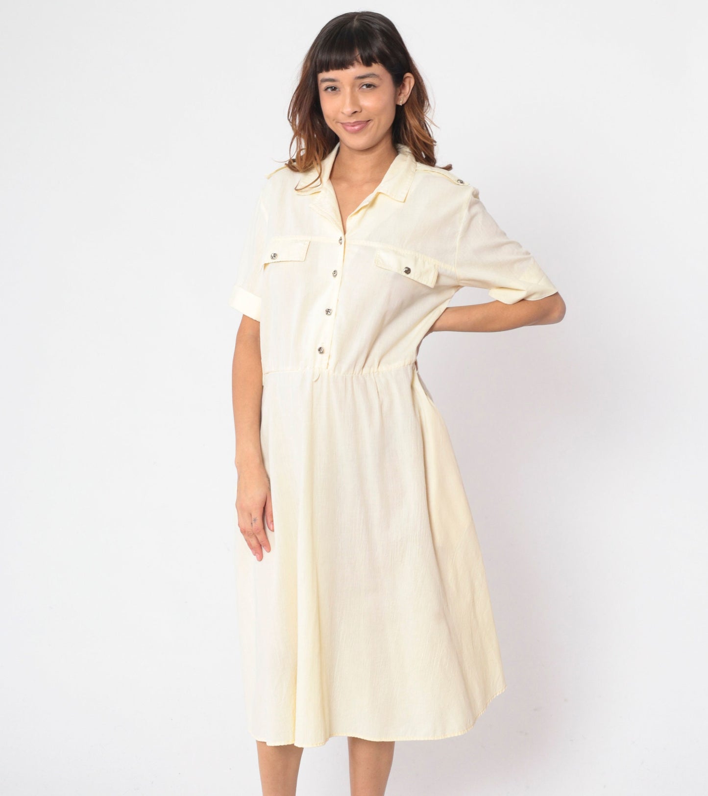 90s Pale Yellow Midi Shirt Dress High Waist Epaulette Button Up Large