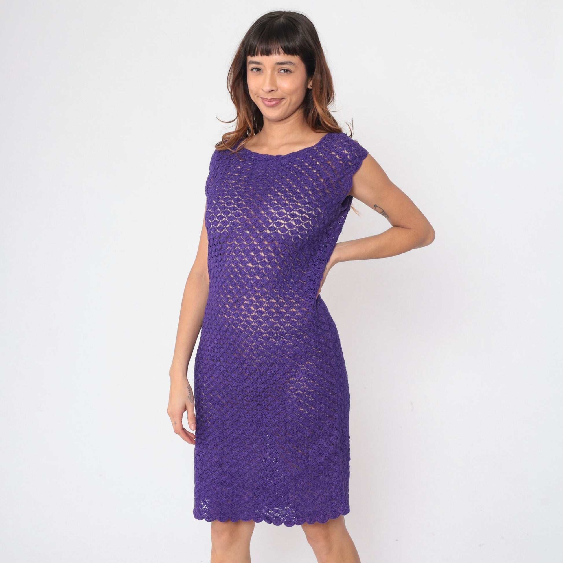 70s Purple Crochet Mini Dress Sheer Knit Shift Cut Cap Sleeve Small