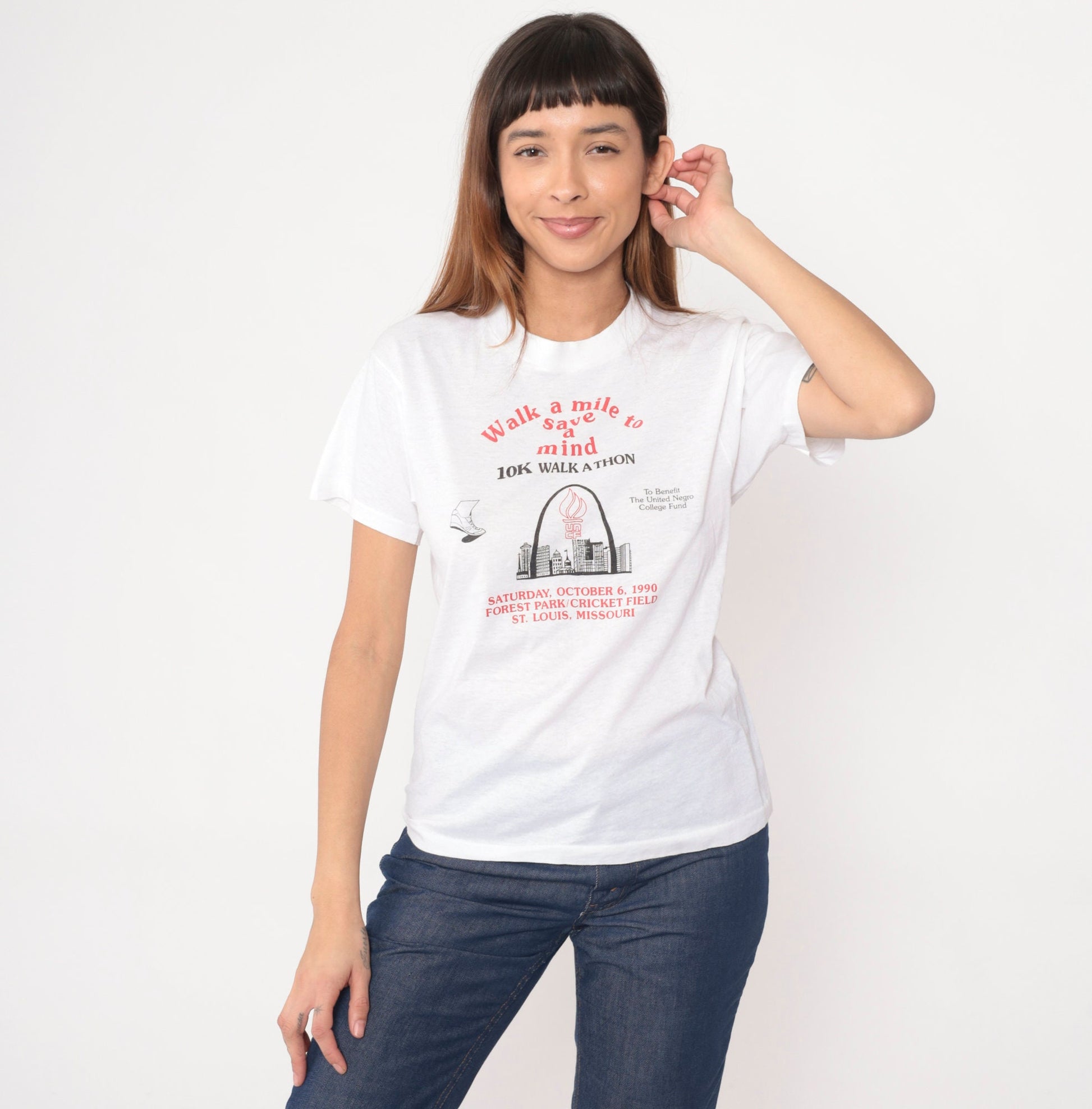 1990 UNCF Walk a Mile to Save a Mind St. Louis Walkathon T-Shirt White Graphic Small