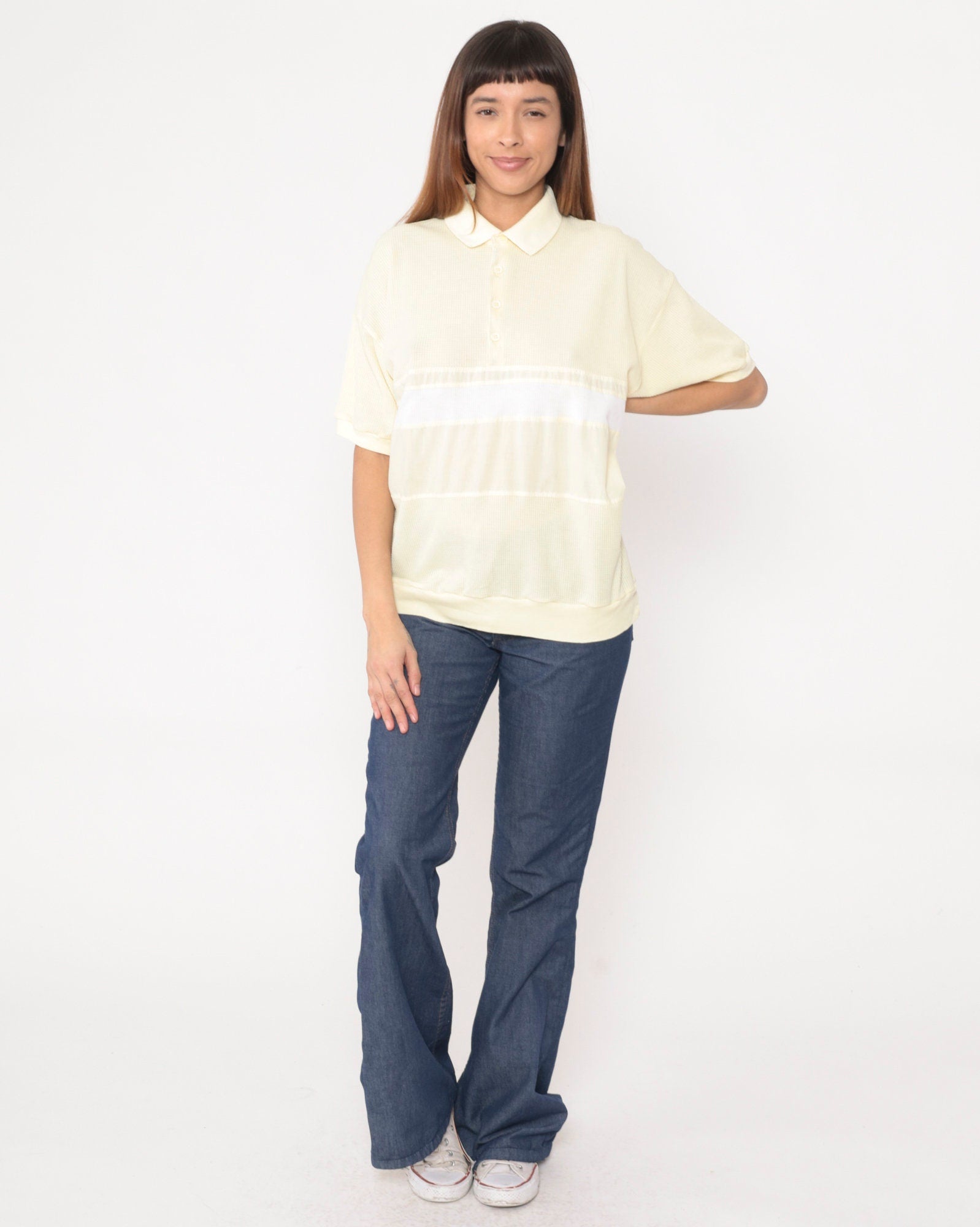 80s Onvoy Polo Shirt Light Yellow Waffle Knit White Stripe Large