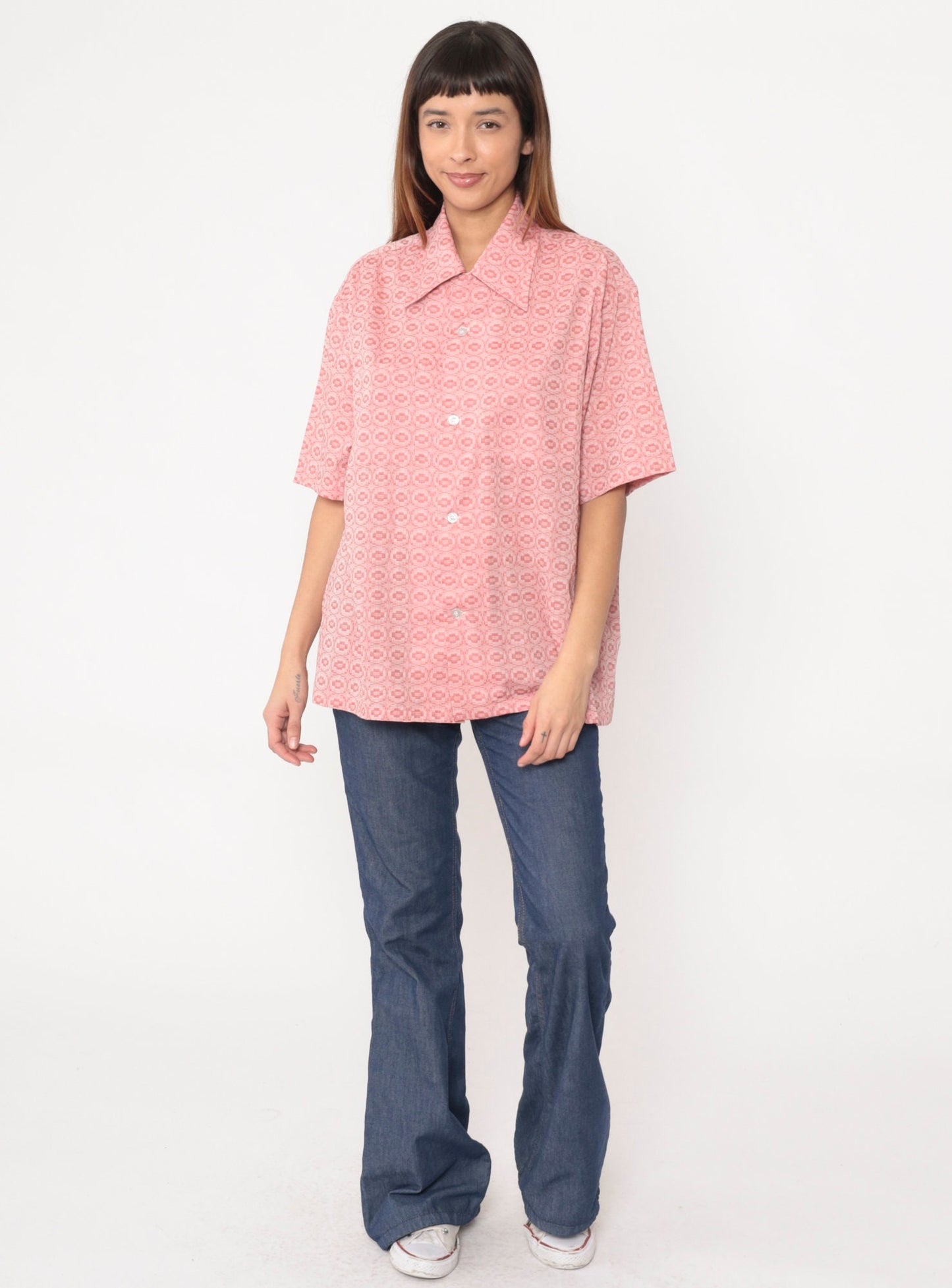 70s Pink Geometric Tile Print Button-Up Shirt Short Sleeve Men's Large