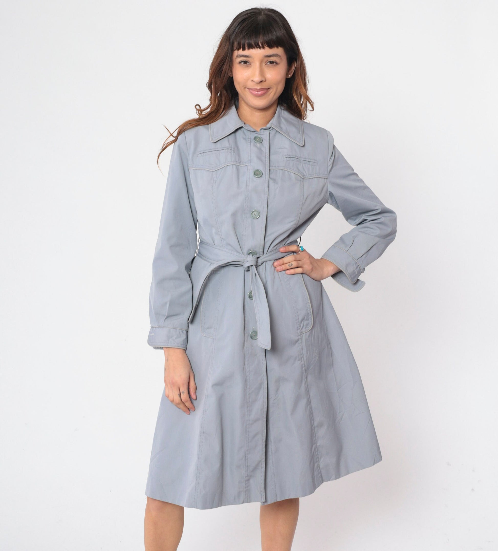 70s Muted Blue Trench Coat Western Yoke Button-Up Belted Jacket Small