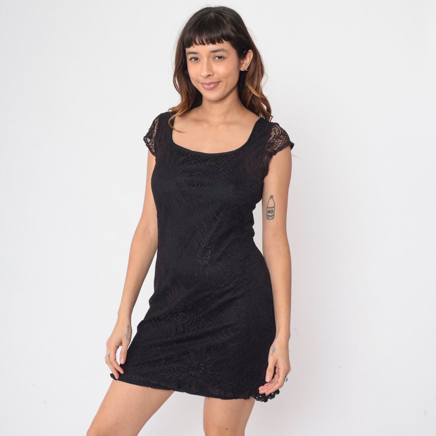 90s Black Lace Mini Dress Cap Sleeve Scoop Neck Sheath Small