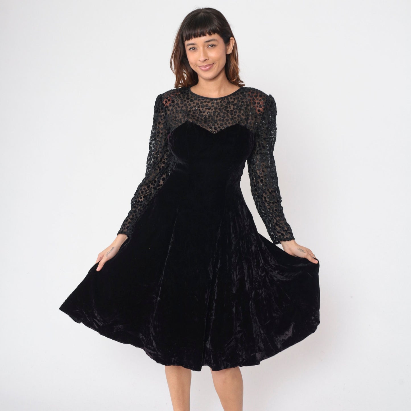 80s Black Velvet Party Dress Illusion Neckline Sparkly Sheer Small