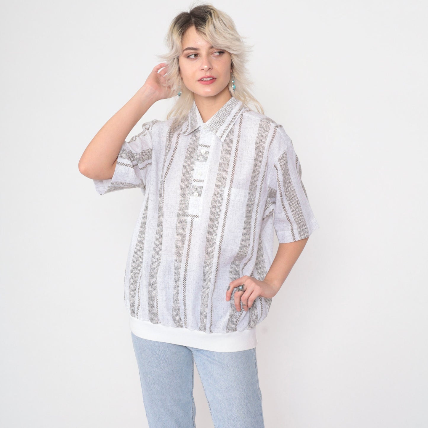 90s D'Accord Polo Shirt White Brown Checkered Striped Collared Large