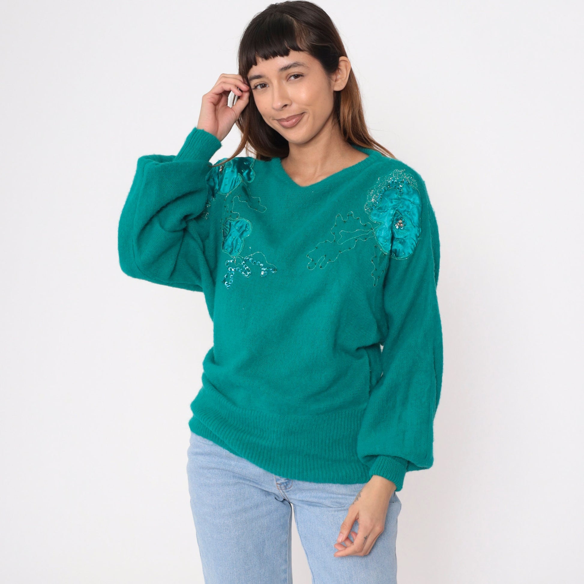 80s Green Sequin Floral Sweater Beaded Dolman Sleeve Knit Medium