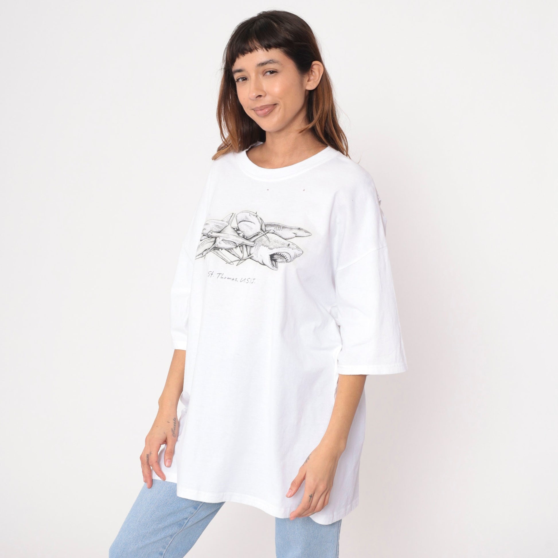 90s St Thomas Virgin Islands Shark Graphic T-Shirt White Cotton Extra Large XL