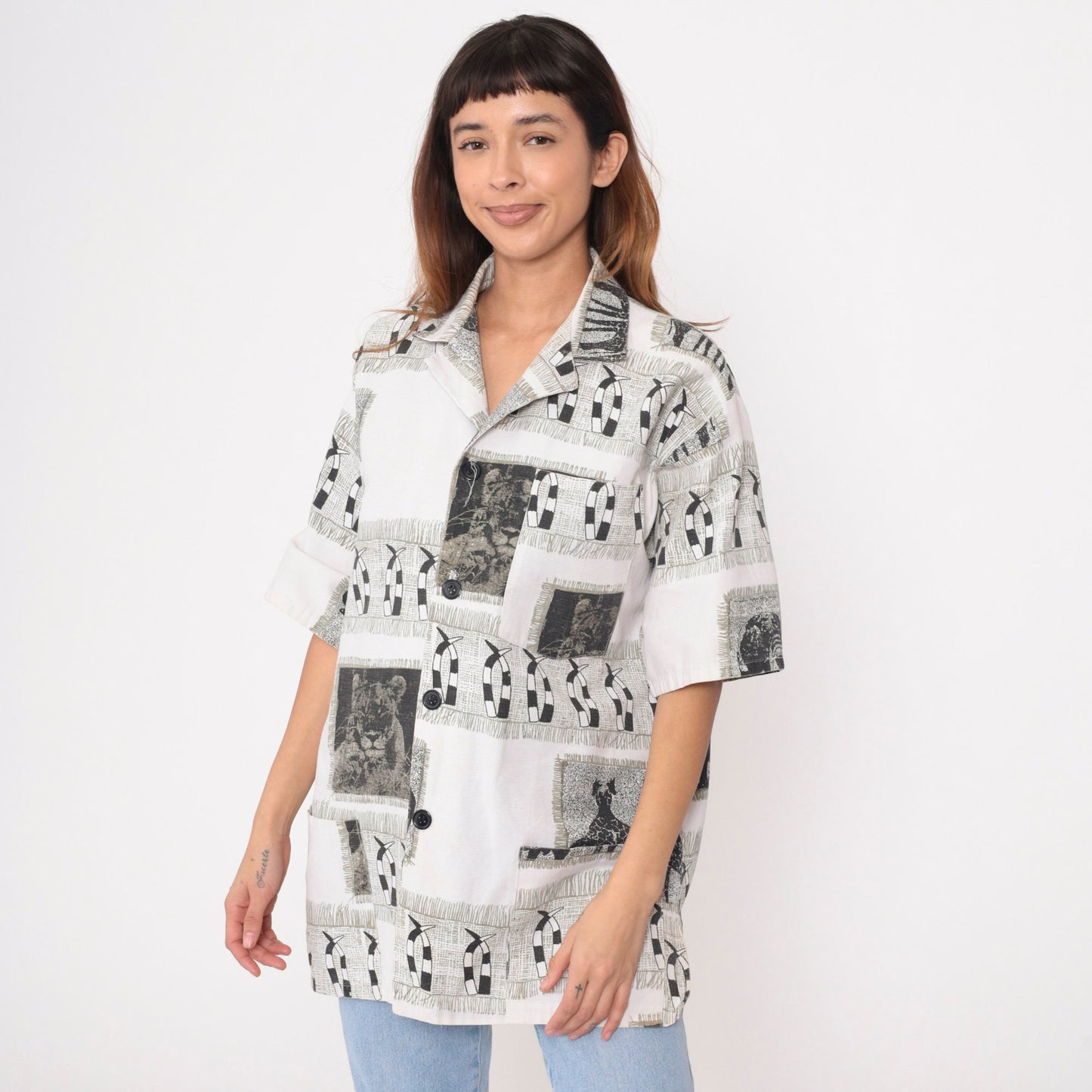 80s Safari Animal Print Button-Up Shirt Lion Giraffe Buffalo Black White Large