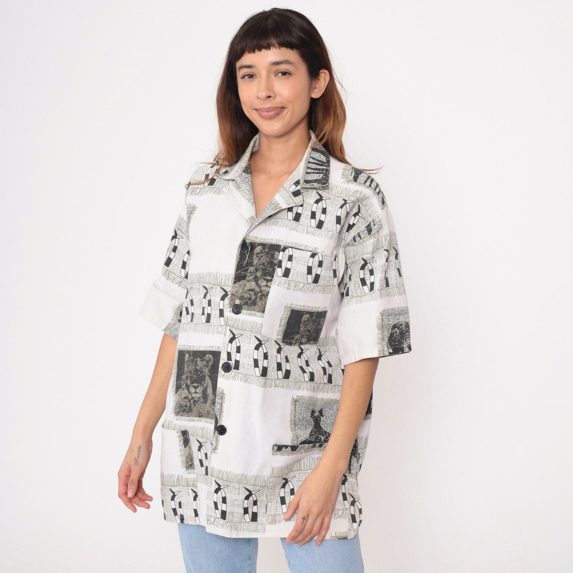 80s Safari Animal Print Button-Up Shirt Lion Giraffe Buffalo Black White Large