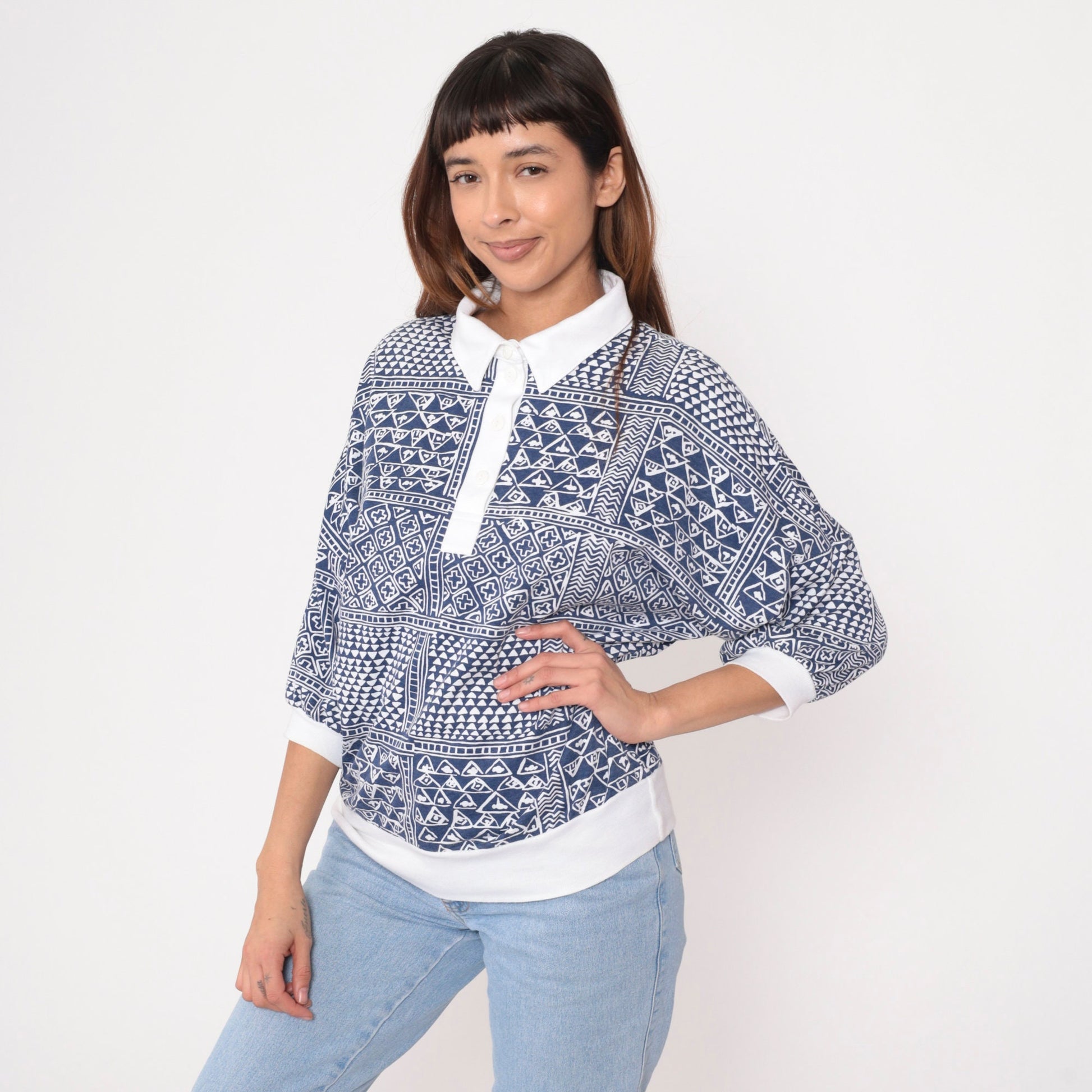 90s Drapers & Damons Polo Shirt Geometric Print Blue White Dolman Sleeve Large