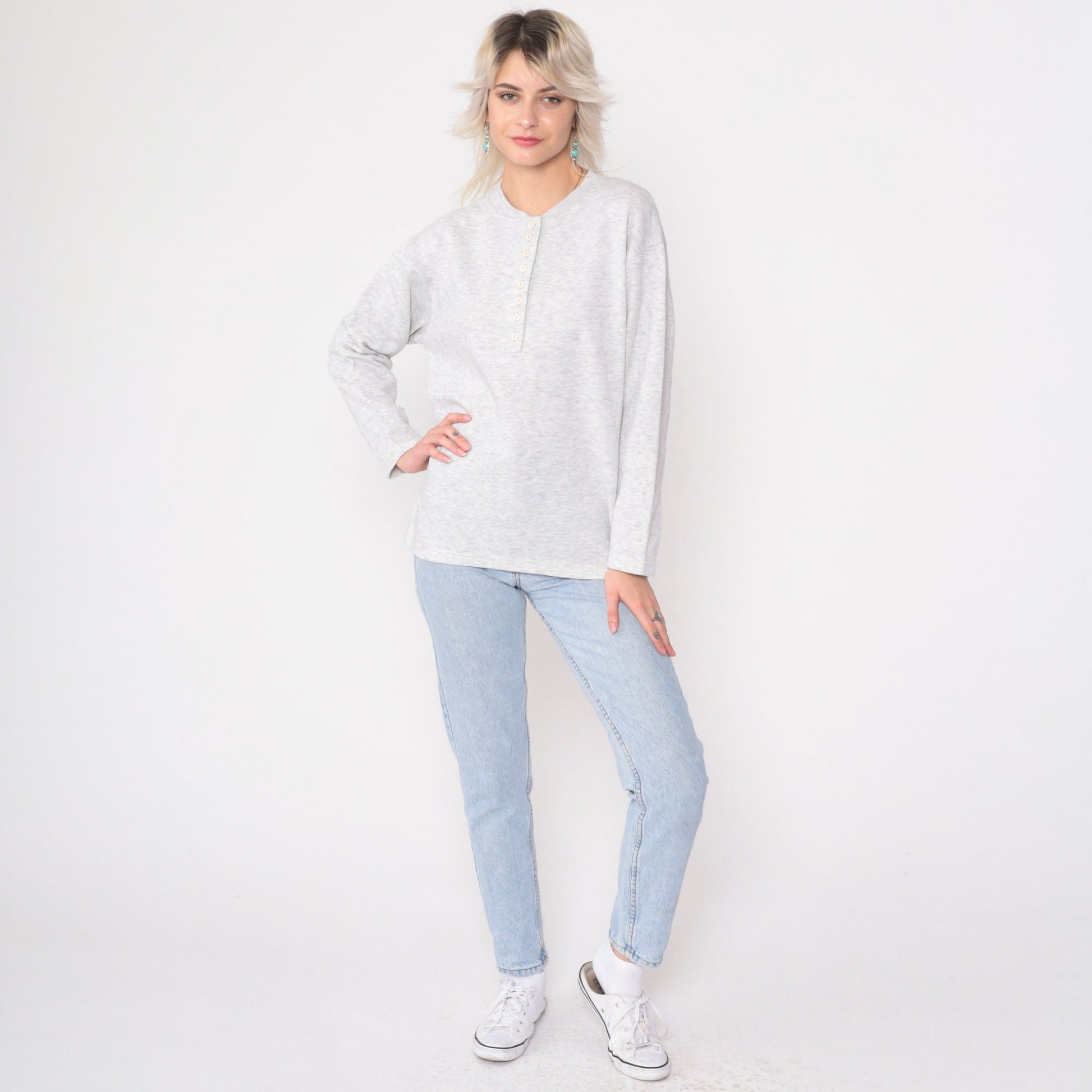 90s Heather Grey Henley Long Sleeve Button Neck Shirt Medium