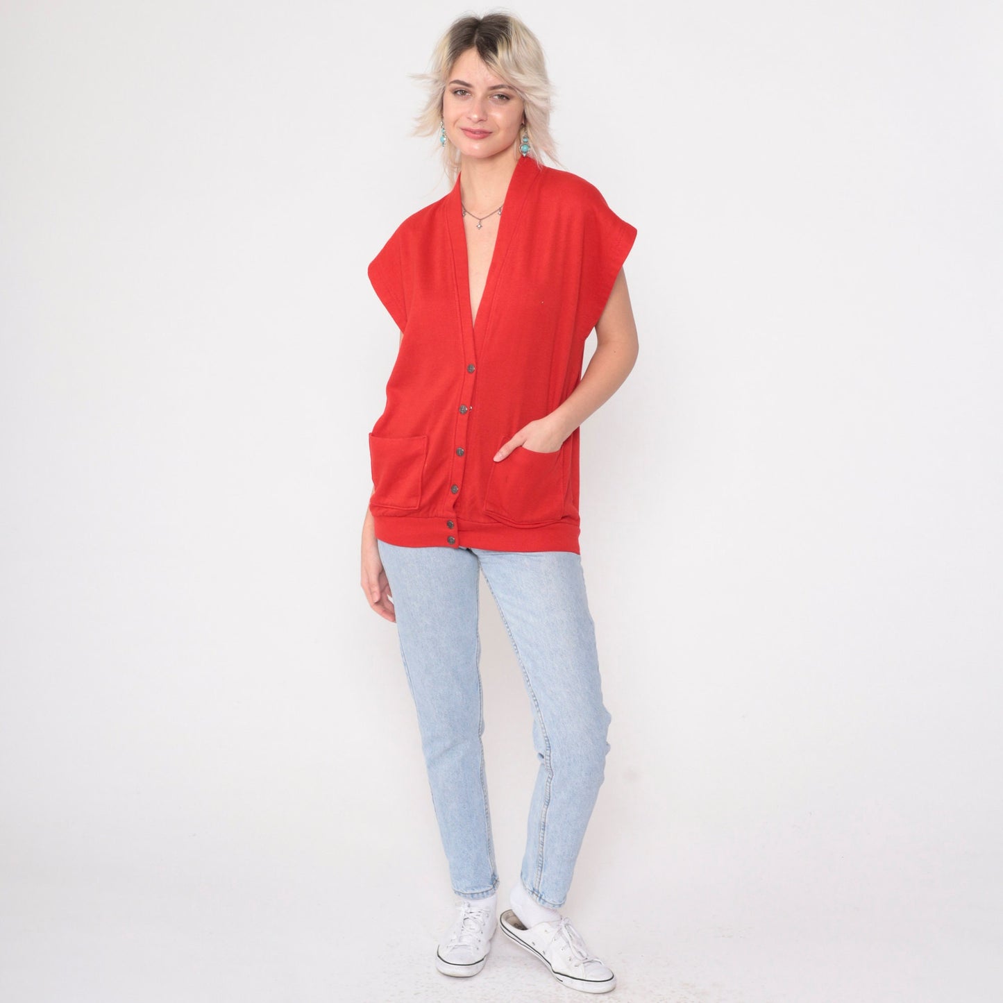 90s Red Sweatshirt Vest Button-Up V-Neck Cap Sleeve Medium M