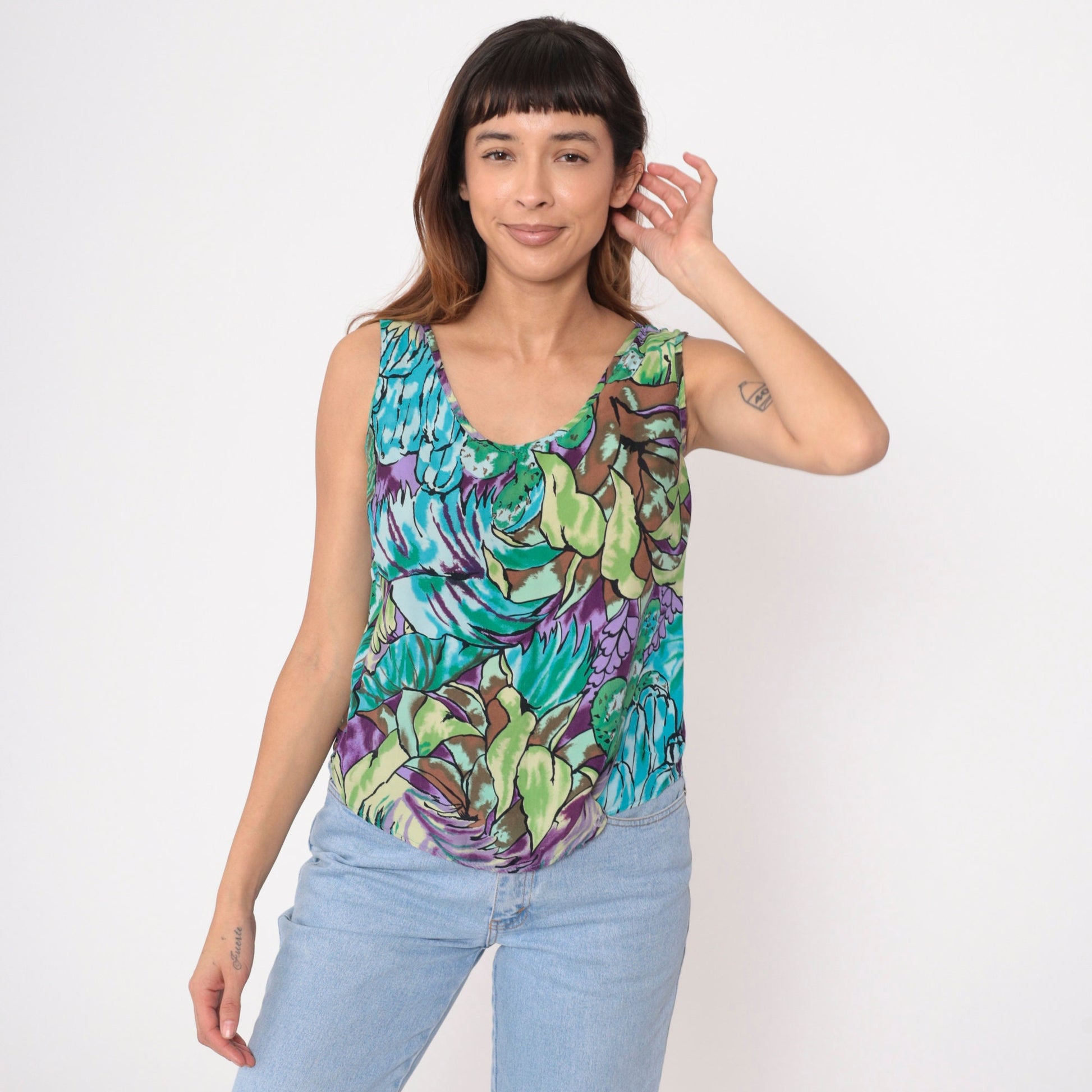 90s Botanical Abstract Leaf Tank Top Rayon Scoop Neck Green Small