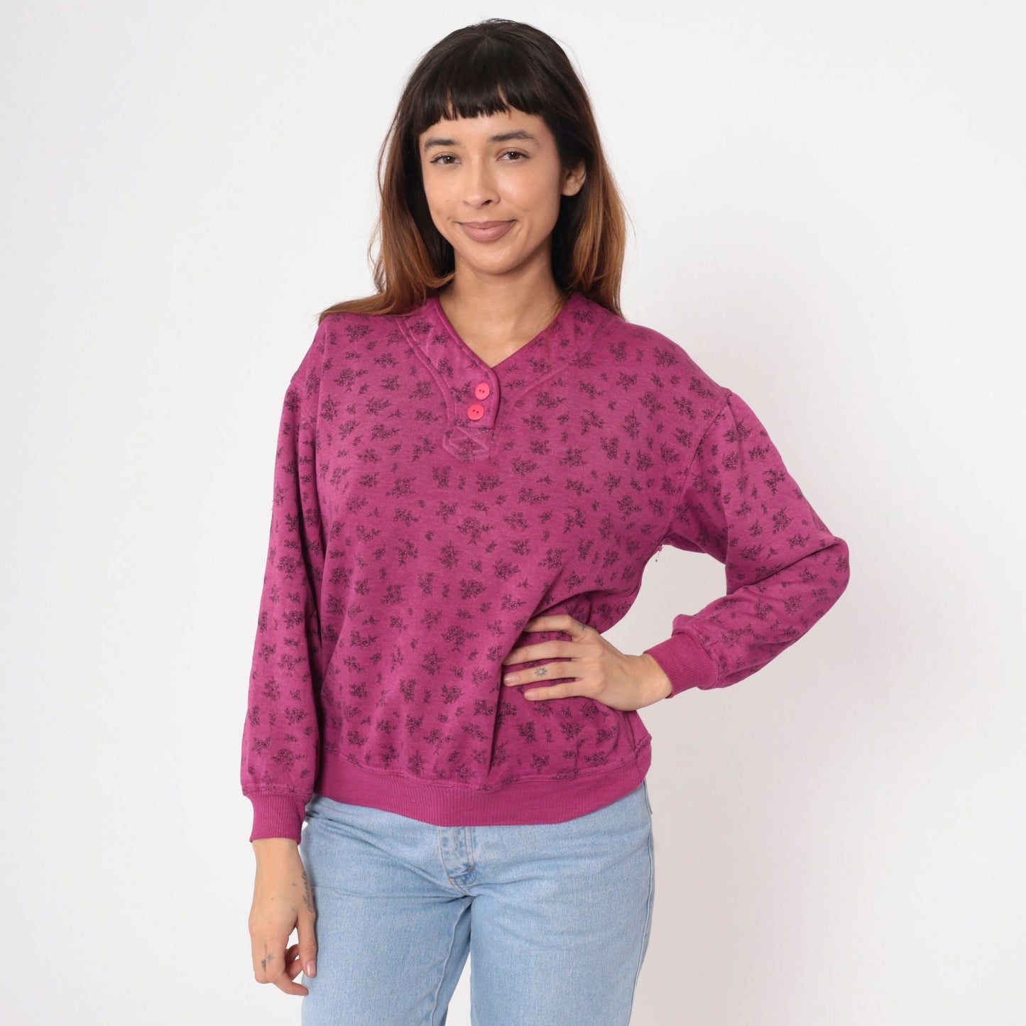 90s Magenta Floral Henley Sweatshirt Button-Up V-Neck Small S