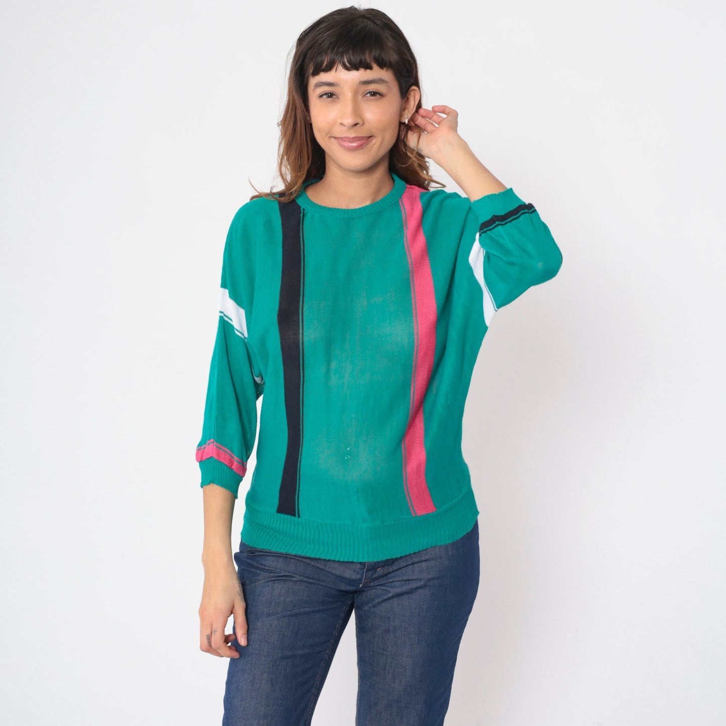 80s Teal Striped Knit Sweater Dolman Sleeve Crewneck Small