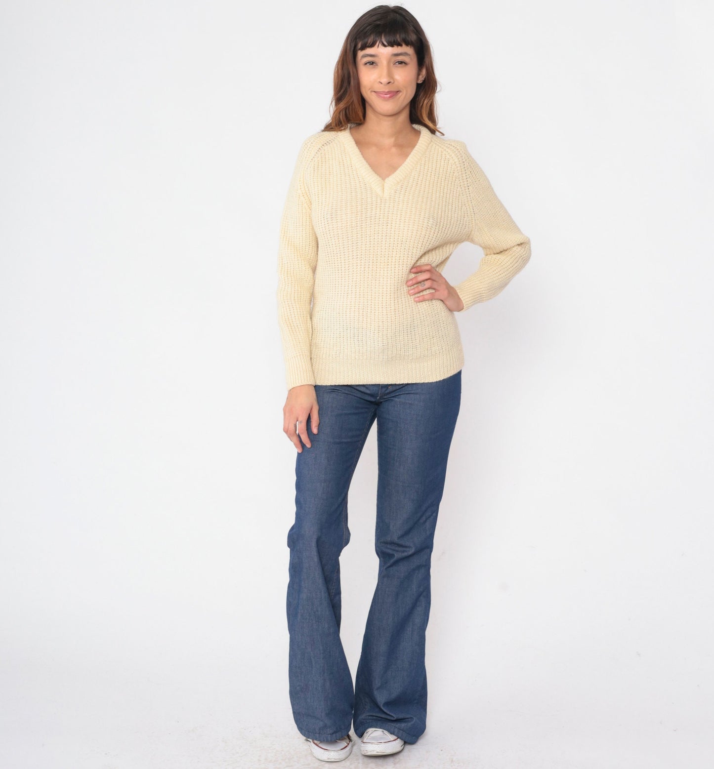 60s Wool Sweater Cream V-Neck Raglan Pullover Knit Small