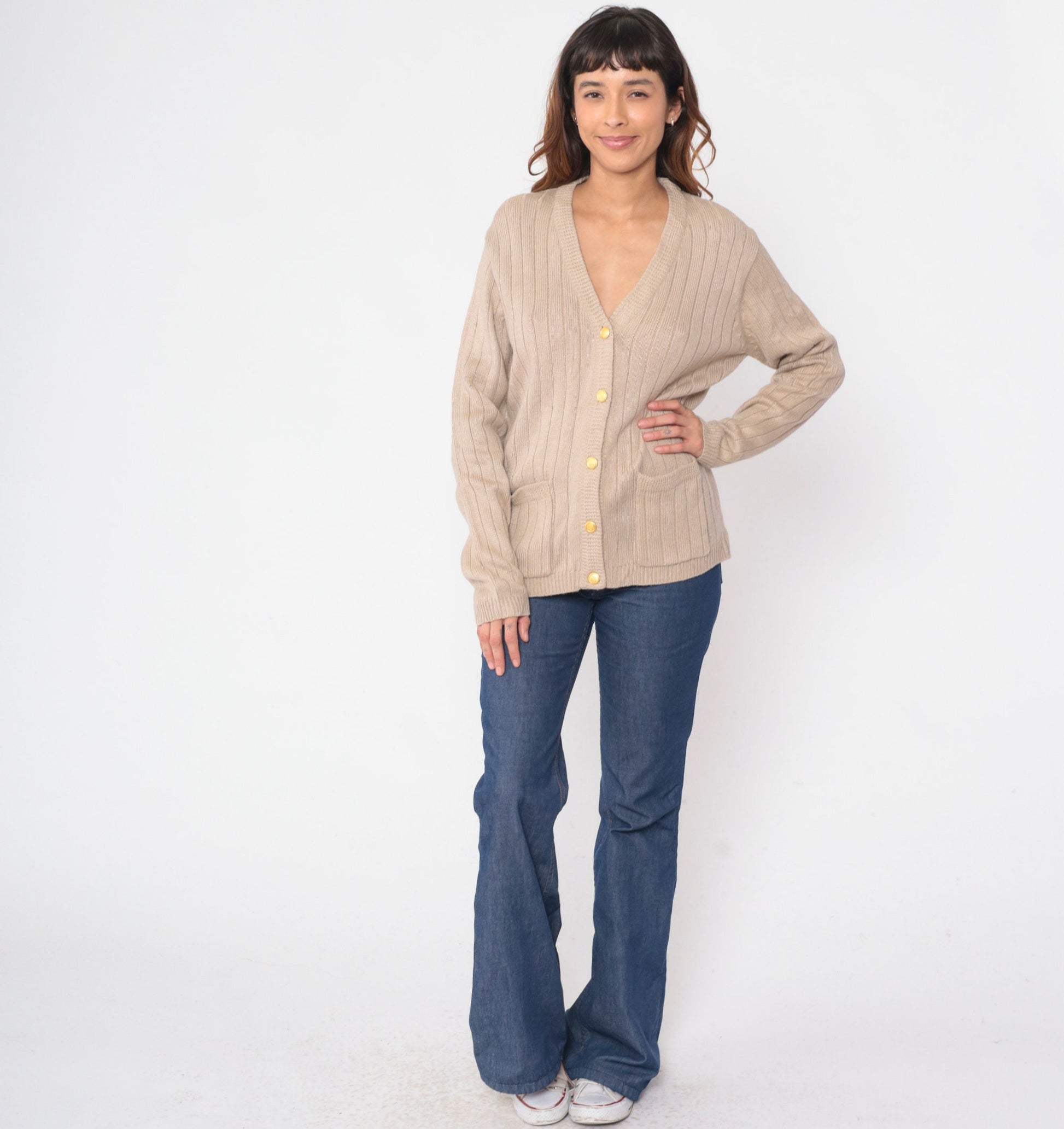 90s Taupe Ribbed Knit Cardigan Button-Up V-Neck Small S