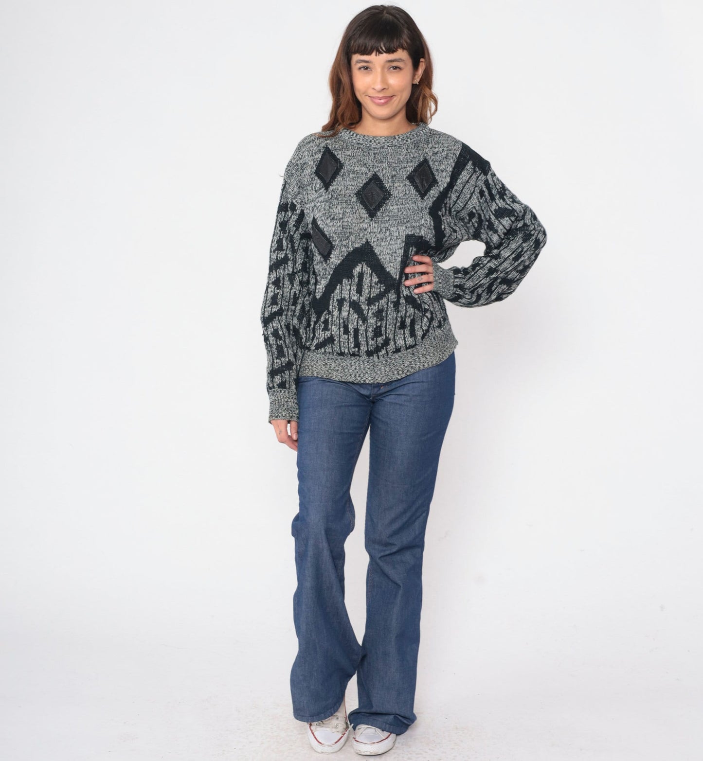 90s Raf Grey Black Flecked Knit Sweater Diamond Leather Patch Crewneck Large L