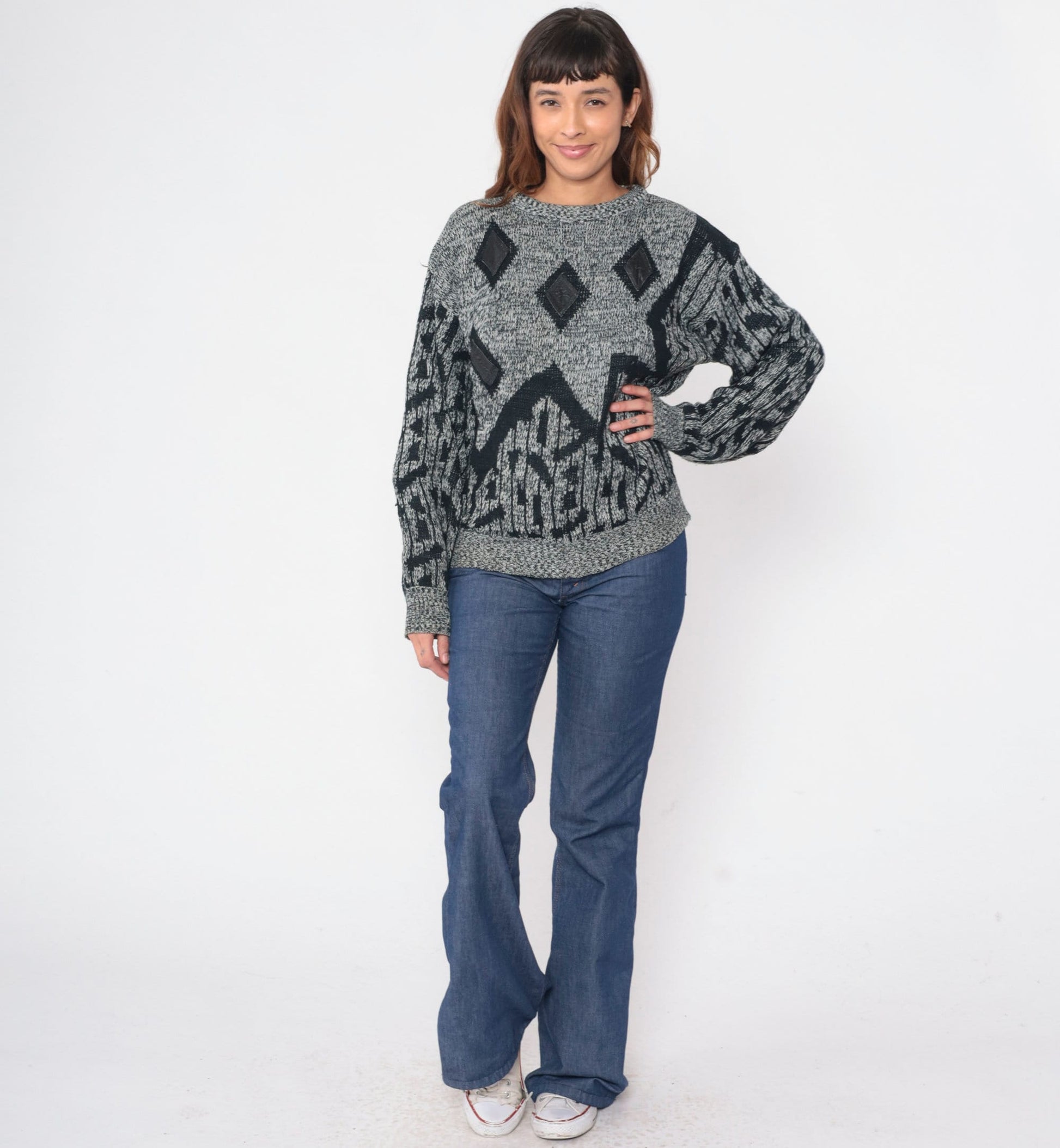 90s Raf Grey Black Flecked Knit Sweater Diamond Leather Patch Crewneck Large L
