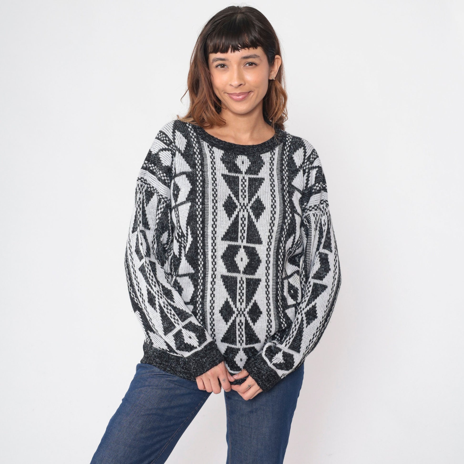 90s Black White Geometric Abstract Knit Sweater Crewneck Large L