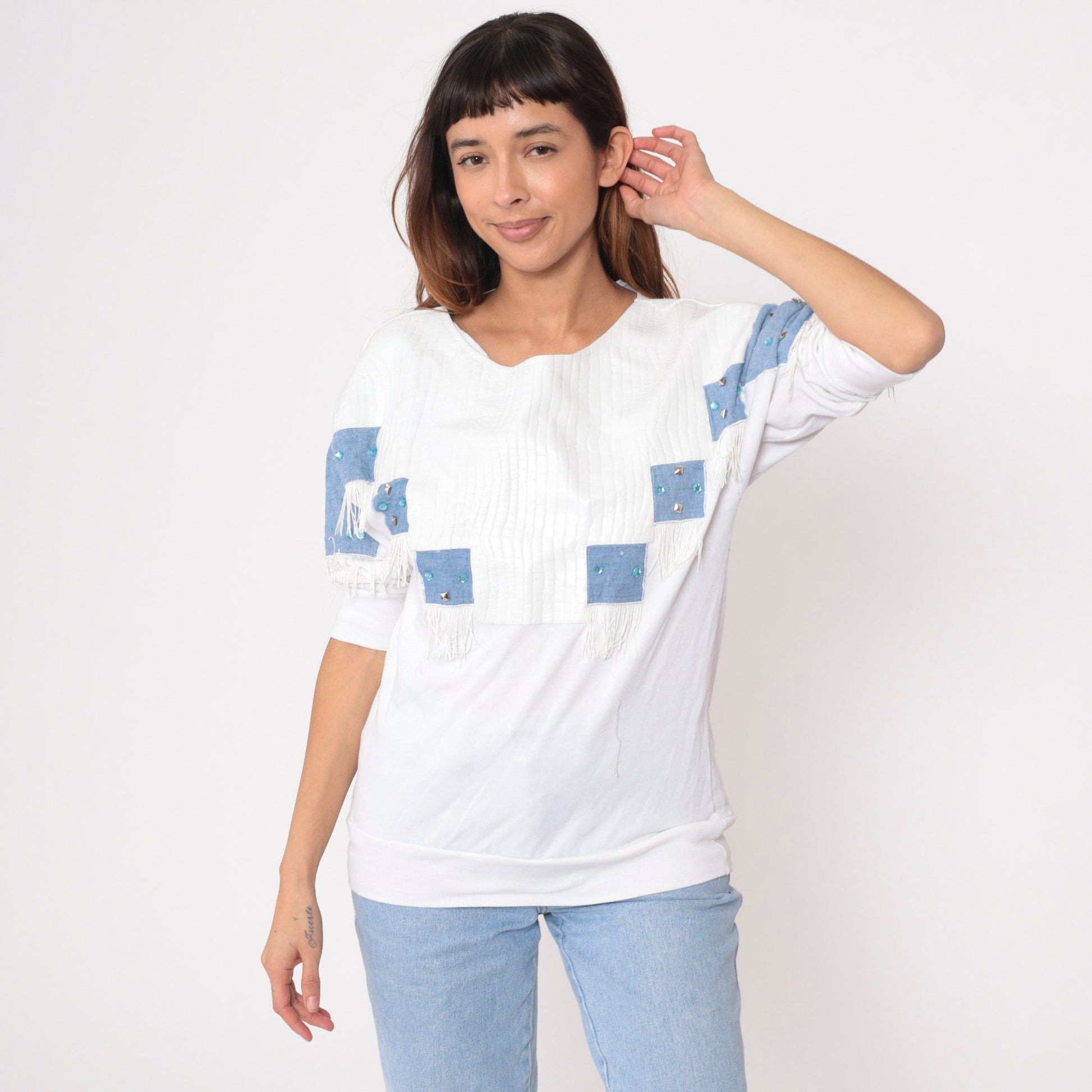 90s Southwestern Studded Beaded White T-Shirt Vinyl Snakeskin 3/4 Sleeve Medium