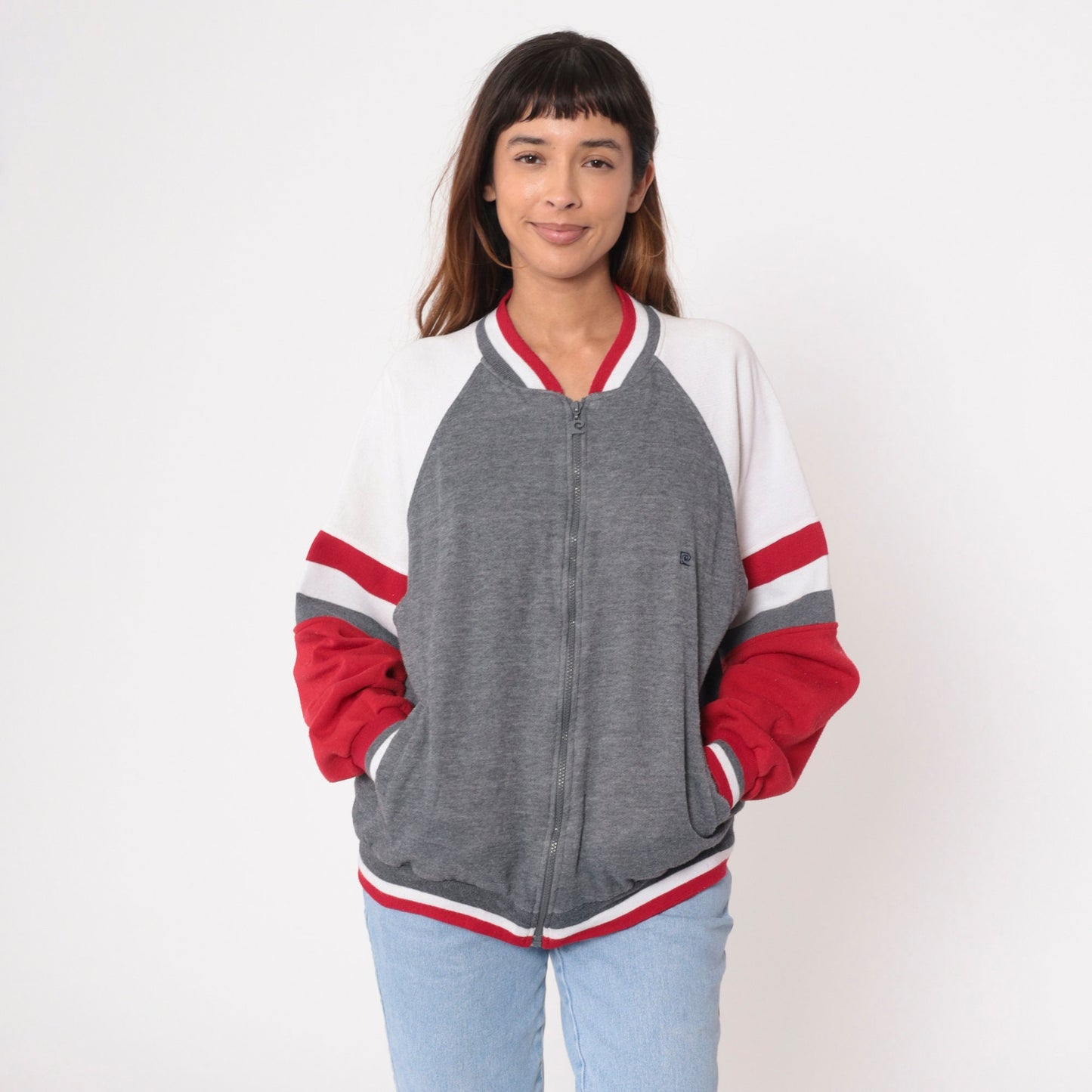 90s Pierre Cardin Zip-Up Sweatshirt Heather Grey Red White Stripe Large L