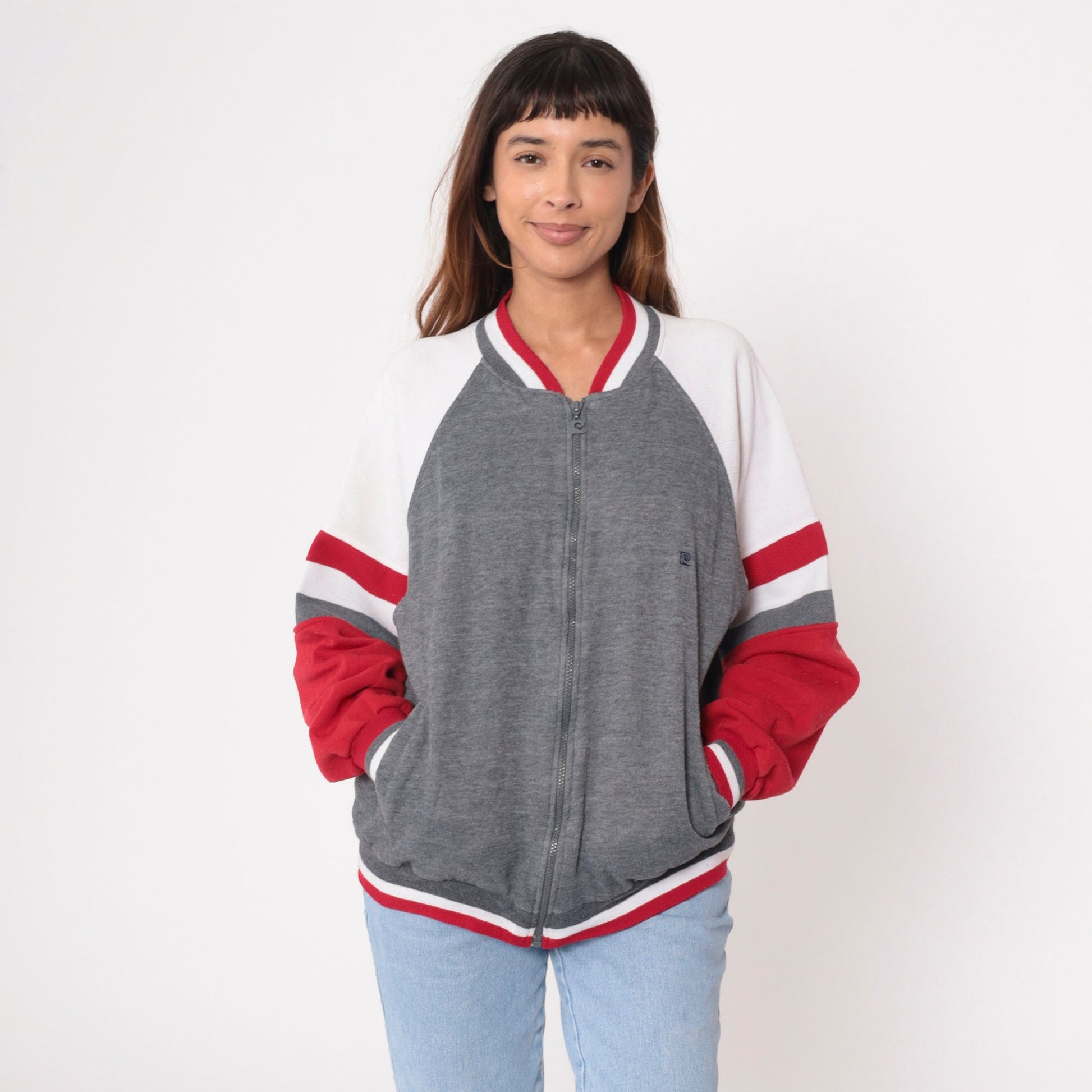 90s Pierre Cardin Zip-Up Sweatshirt Heather Grey Red White Stripe Large L