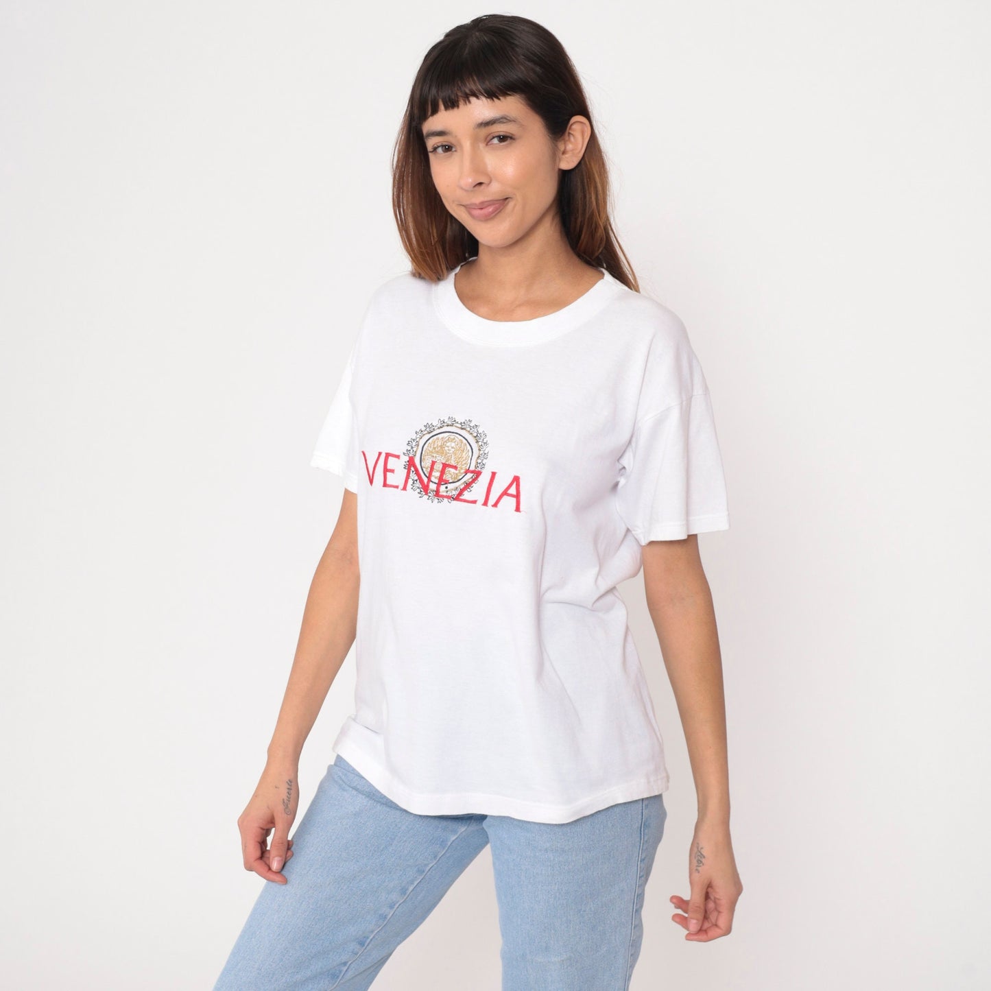 90s Venezia Venice Italy T Shirt Gold Lion Crest Embroidered White Small
