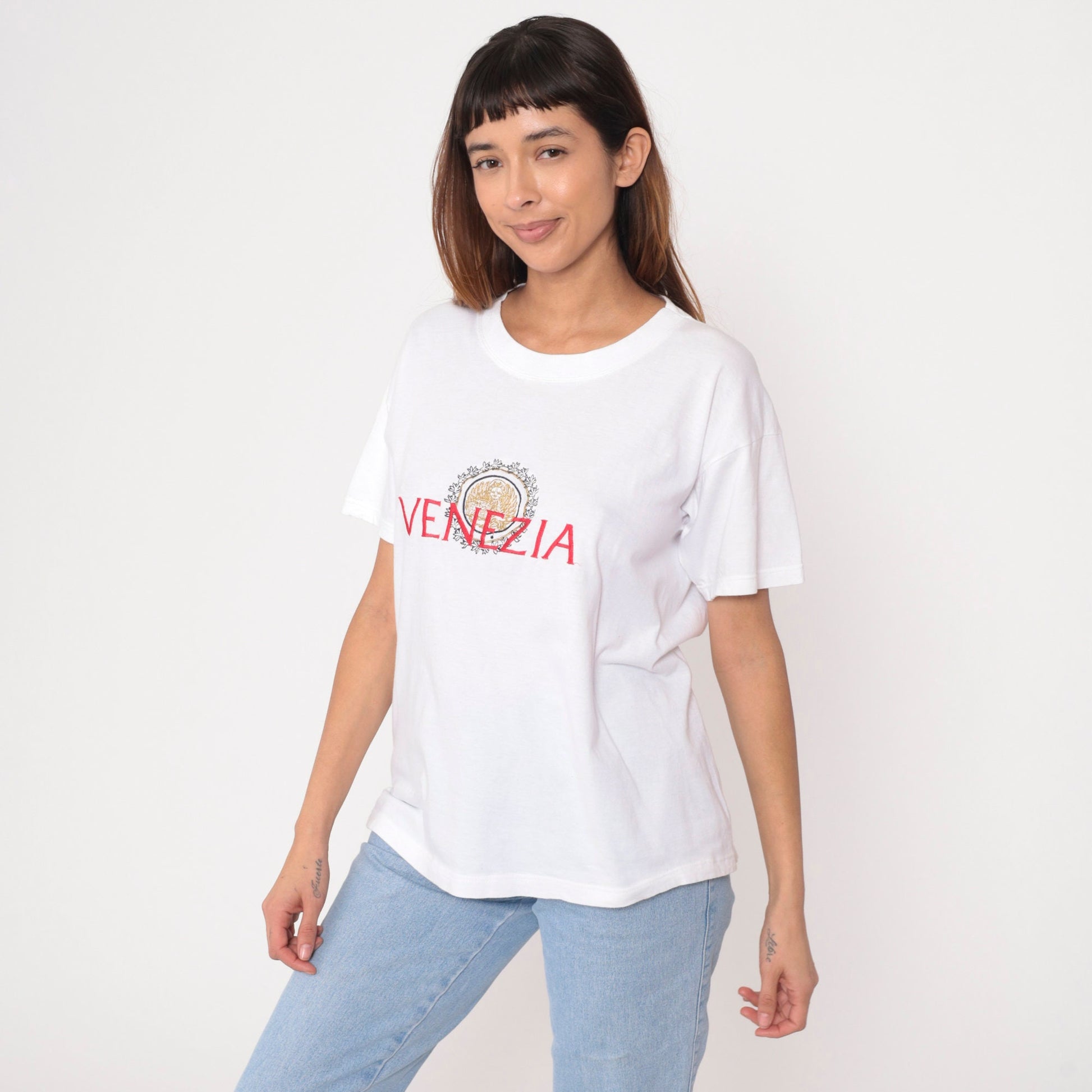90s Venezia Venice Italy T Shirt Gold Lion Crest Embroidered White Small