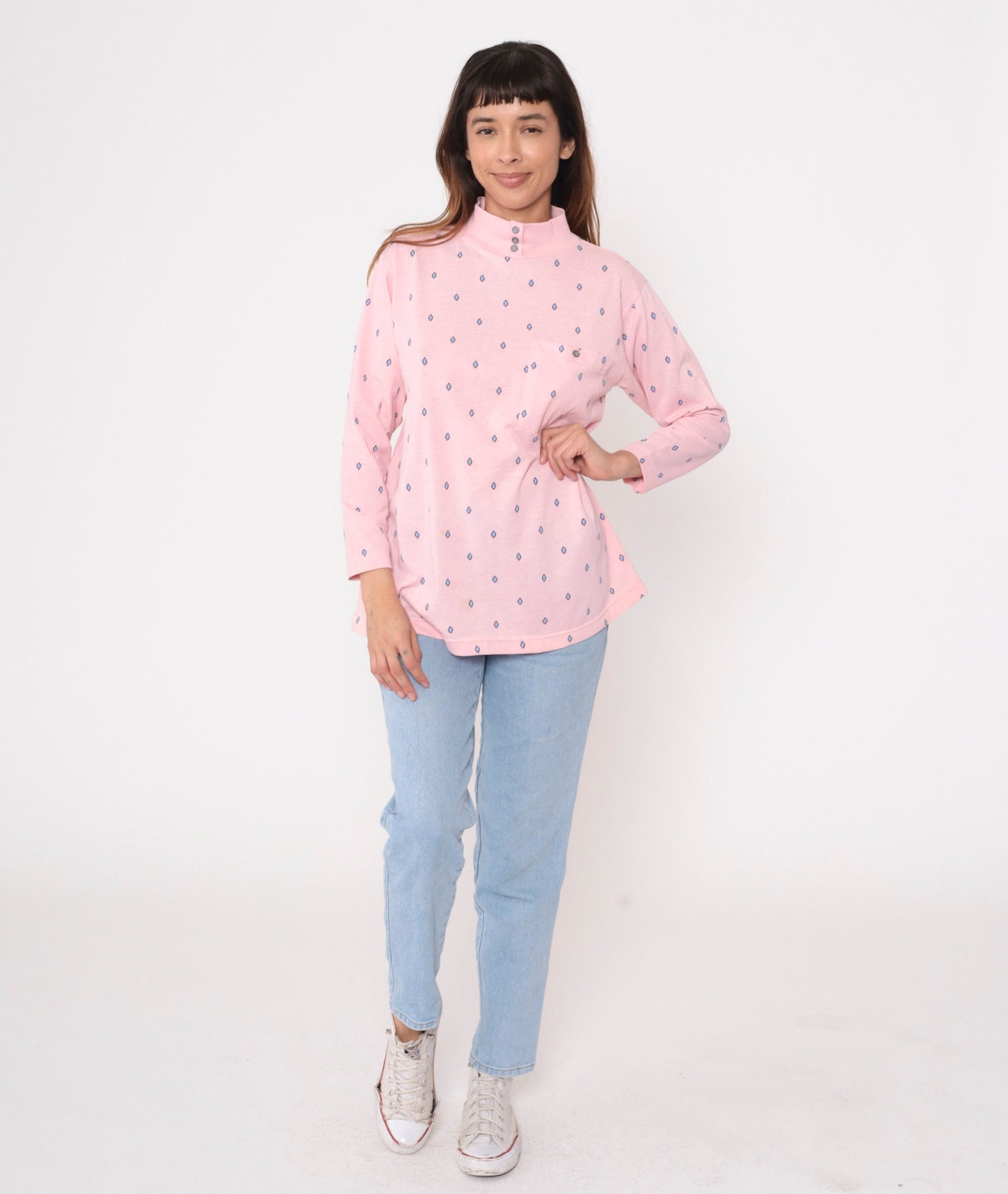 90s Baby Pink Geometric Mock Neck Long Sleeve Shirt Small