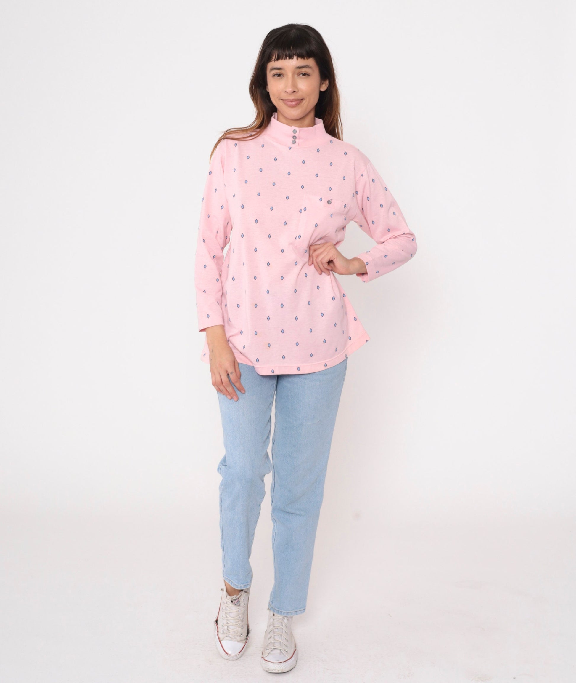 90s Baby Pink Geometric Mock Neck Long Sleeve Shirt Small