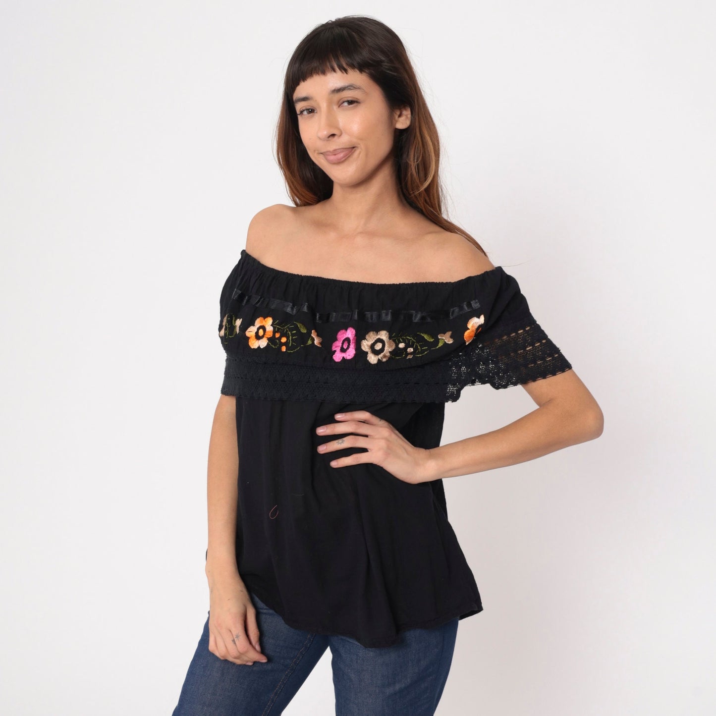 90s Mexican Floral Embroidered Cotton Blouse Off-Shoulder Black Medium
