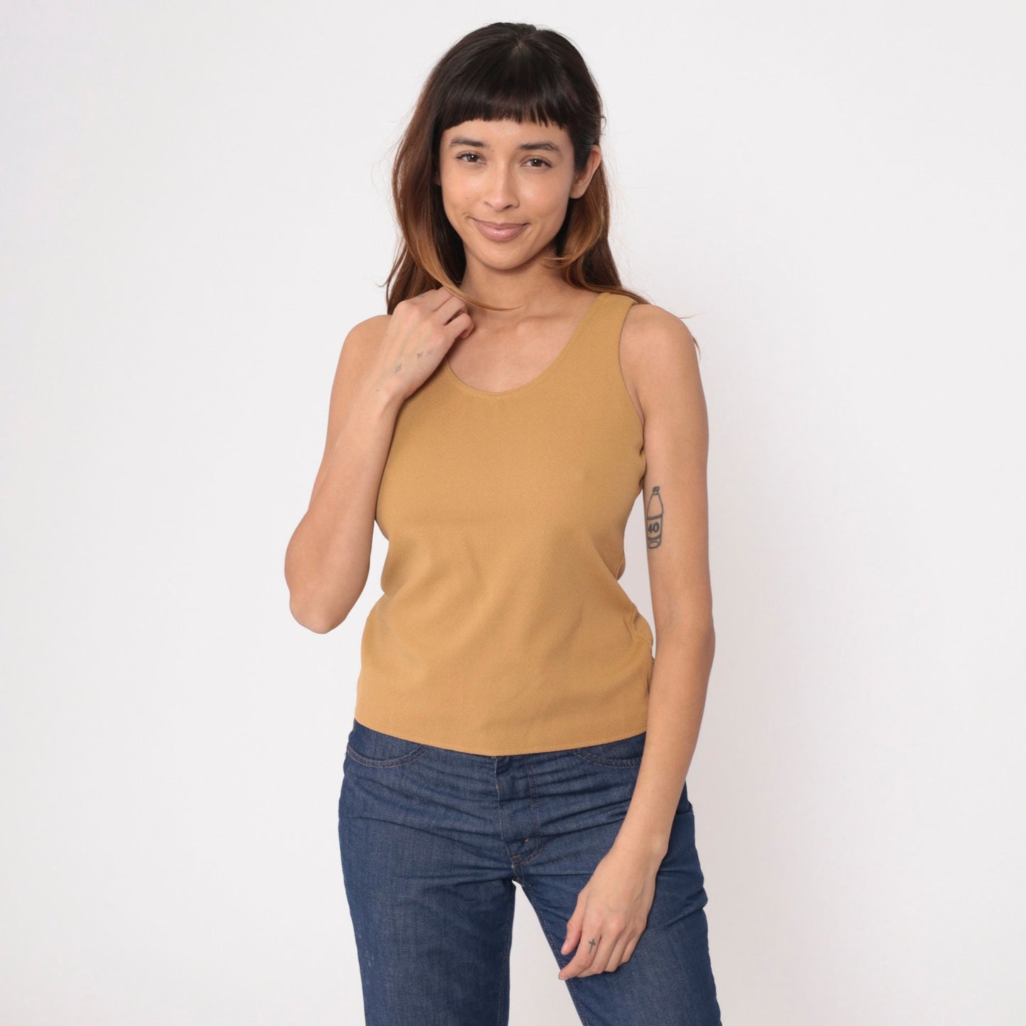 70s Tan Sleeveless Tank Top Round Neckline Rear Zipper Extra Small