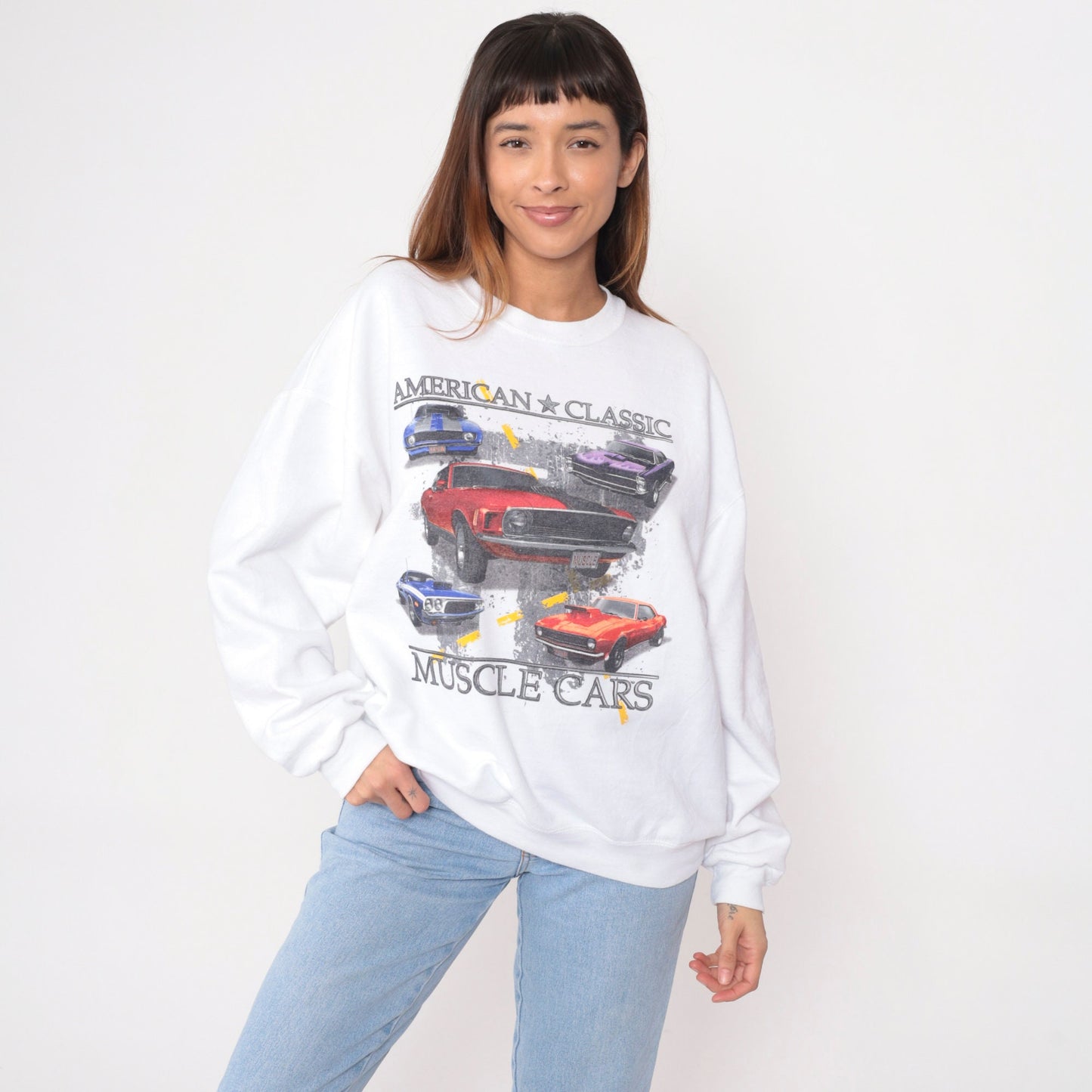 90s Muscle Car Sweatshirt American Classic Cars Graphic Crewneck White Large