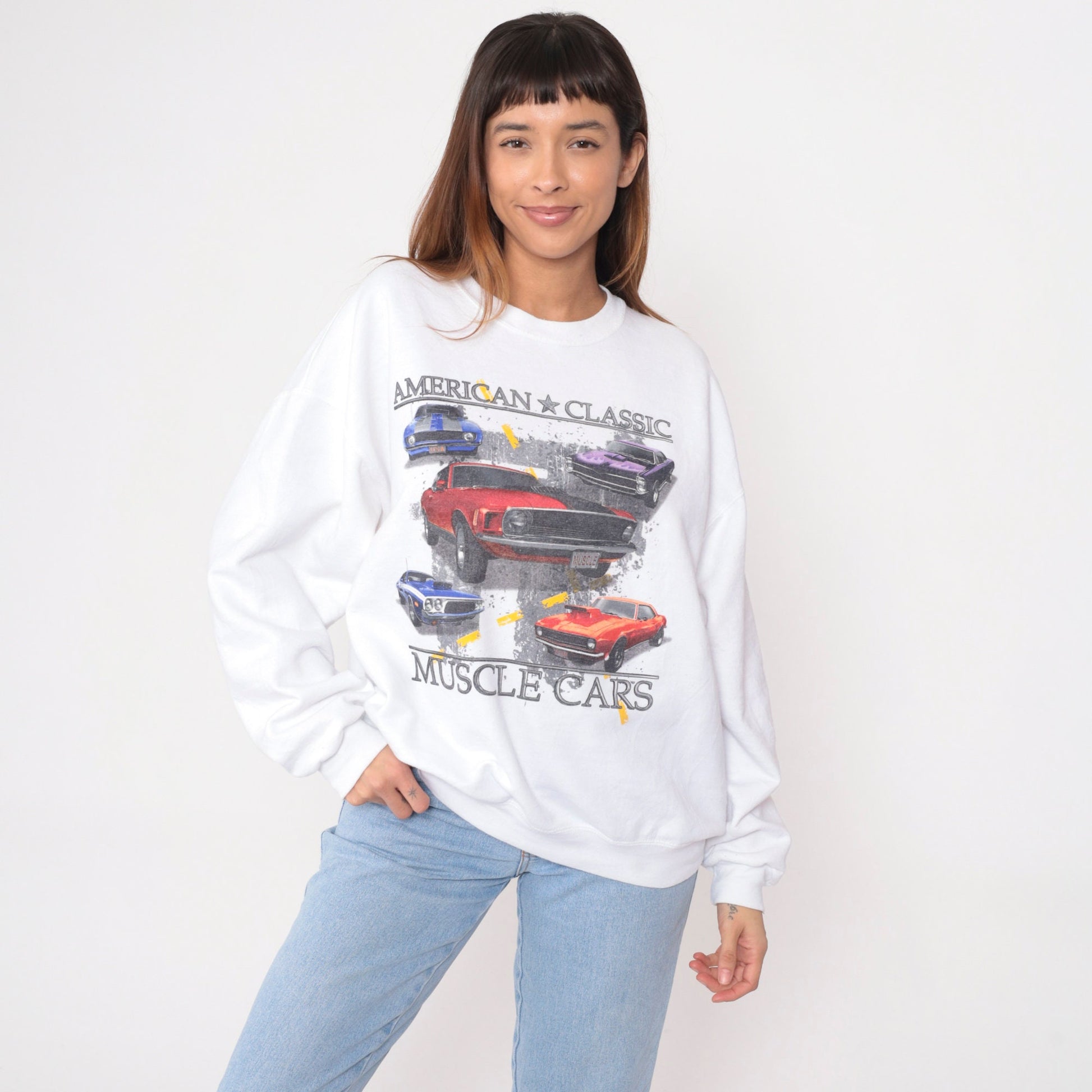 90s Muscle Car Sweatshirt American Classic Cars Graphic Crewneck White Large