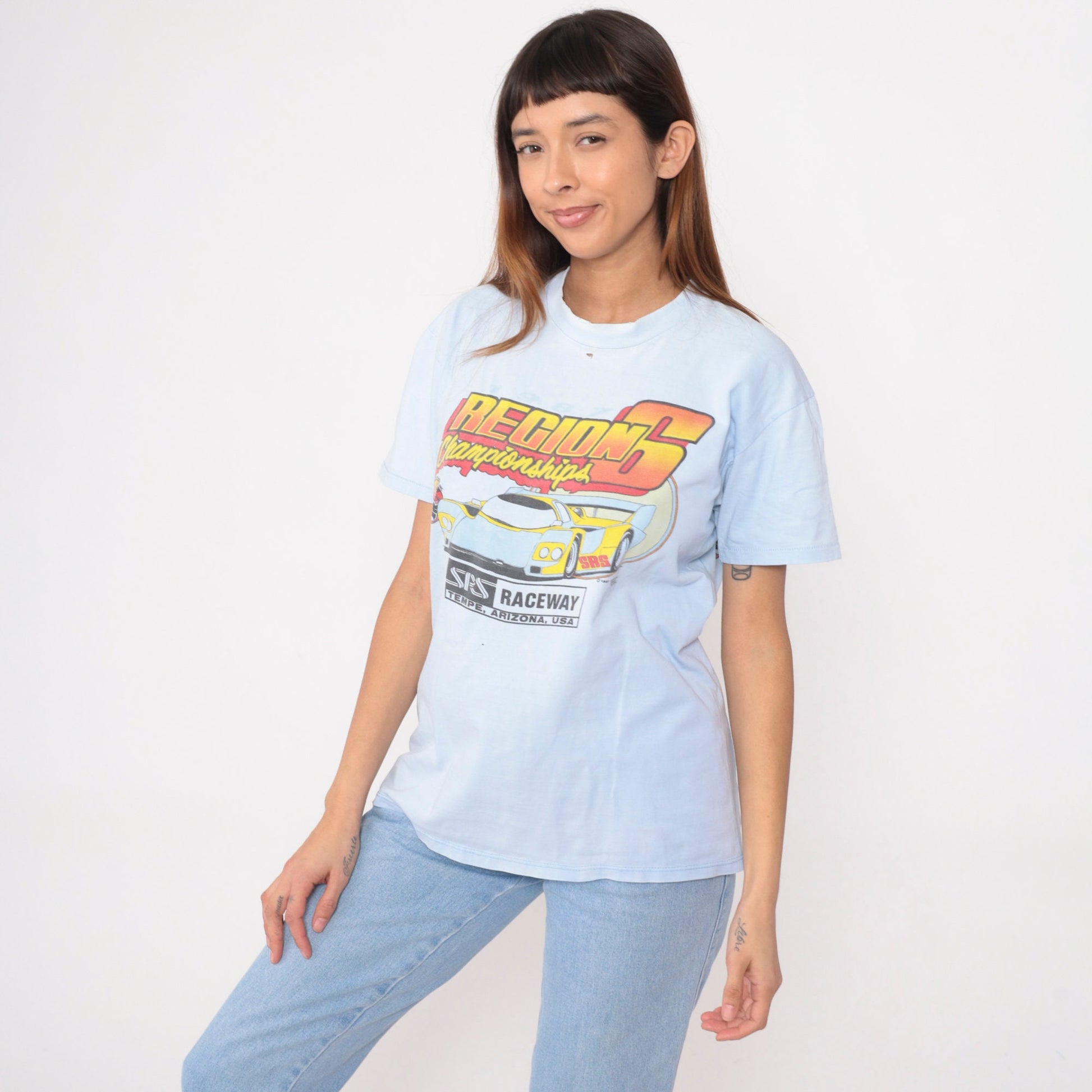 1987 RC Car Racing Championships T-Shirt Baby Blue Graphic Tee Medium