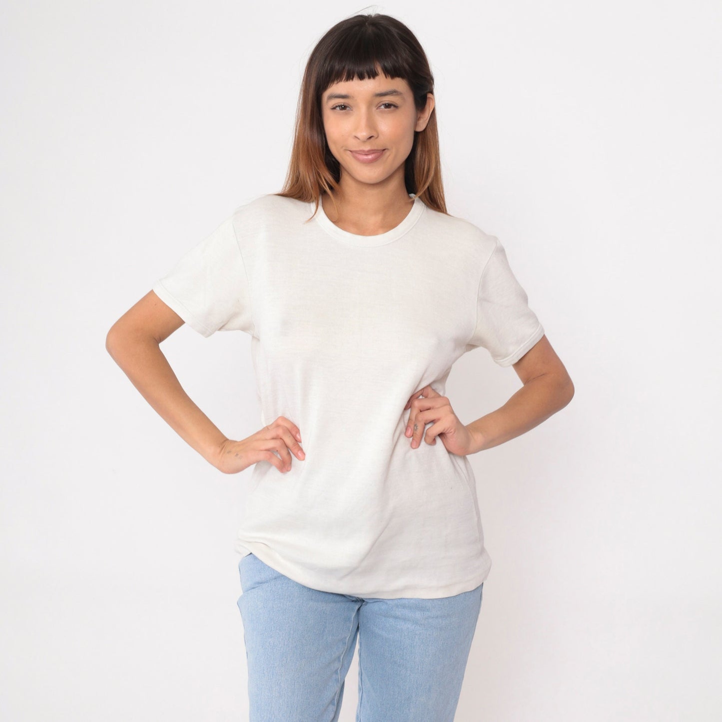 80s White Wool T-Shirt Cotton Lined Thermal Undershirt Medium