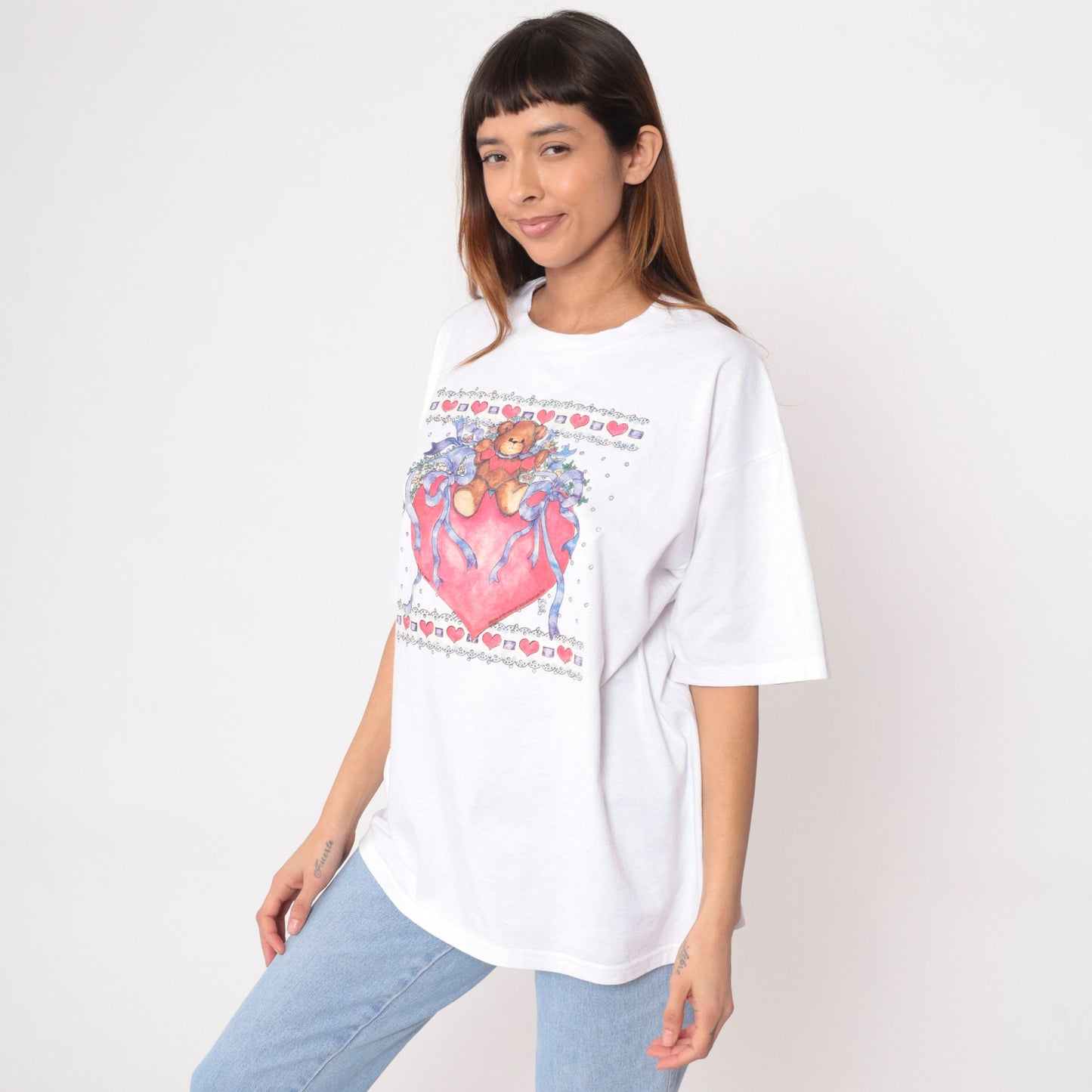 90s Teddy Bear Heart T-Shirt Lucy Rigg Graphic Tee White Extra Large XXL