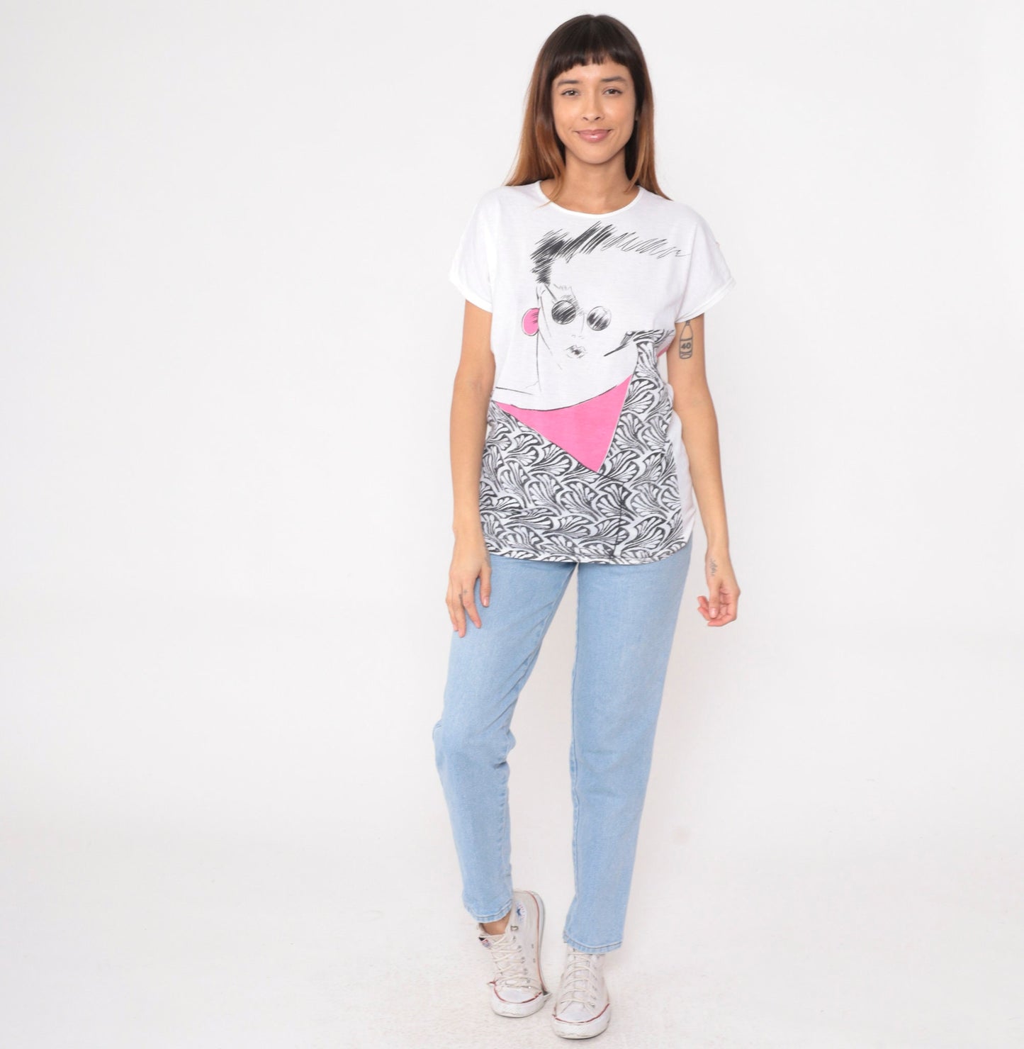 90s Woman Art Print Graphic Tee White Cotton Blend Small